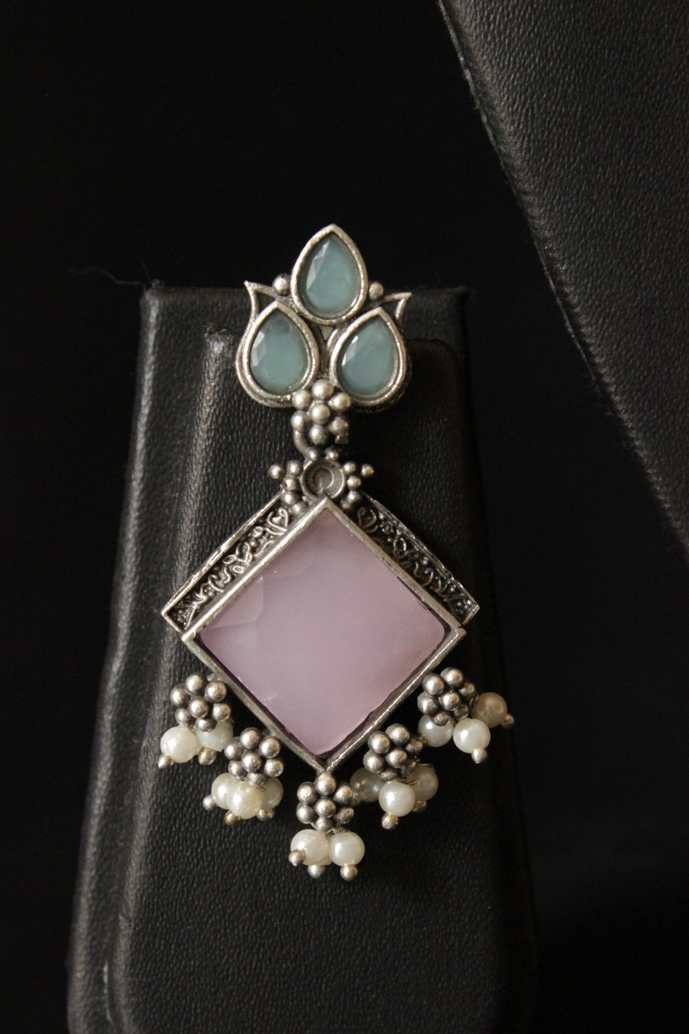 Turquoise and Baby Pink Glass Stones Embedded Elaborate Choker Necklace Set with Adjustable Thread Closure