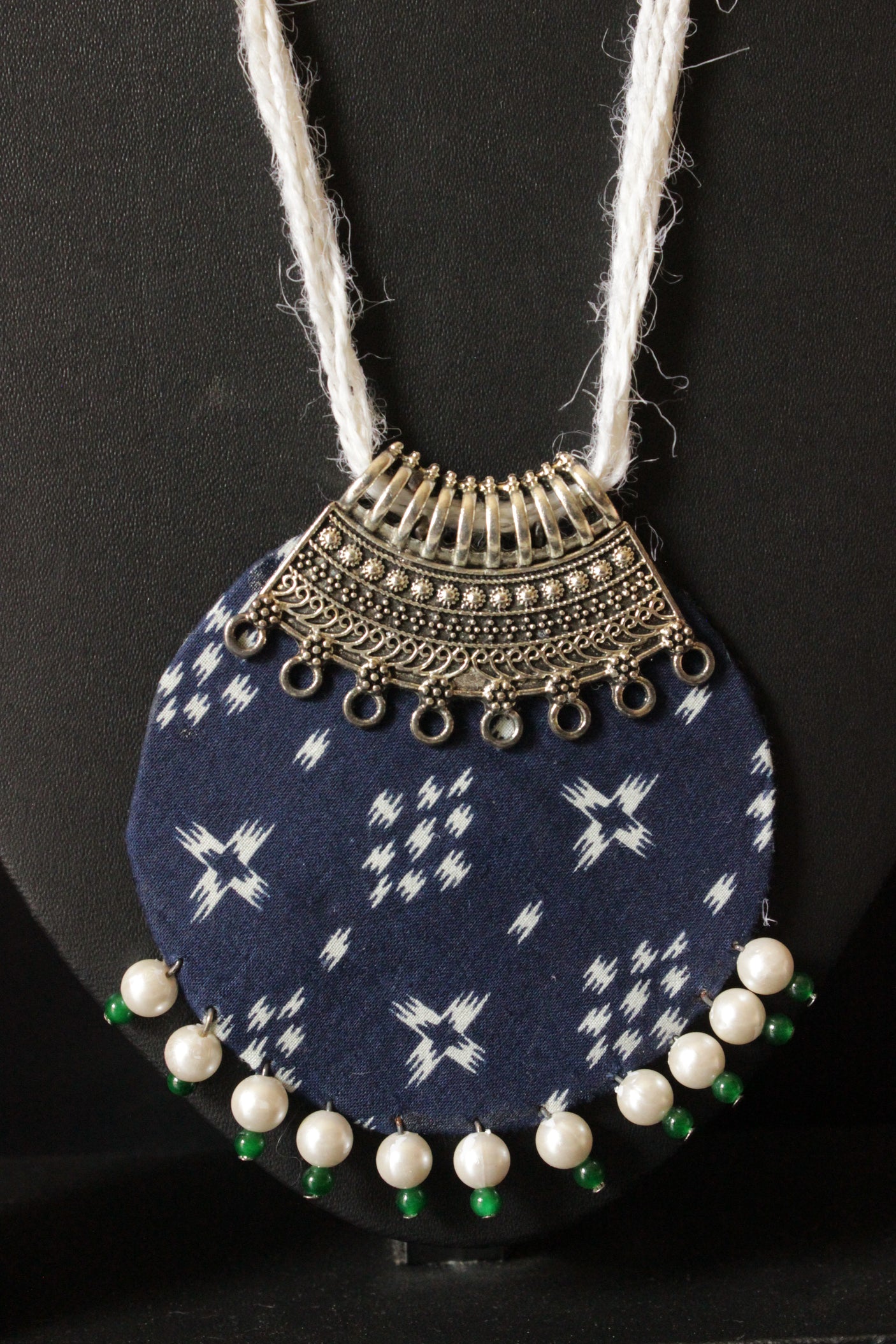 Fabric and Silver Finish Metal Circular Necklace Set with Adjustable Thread Closure