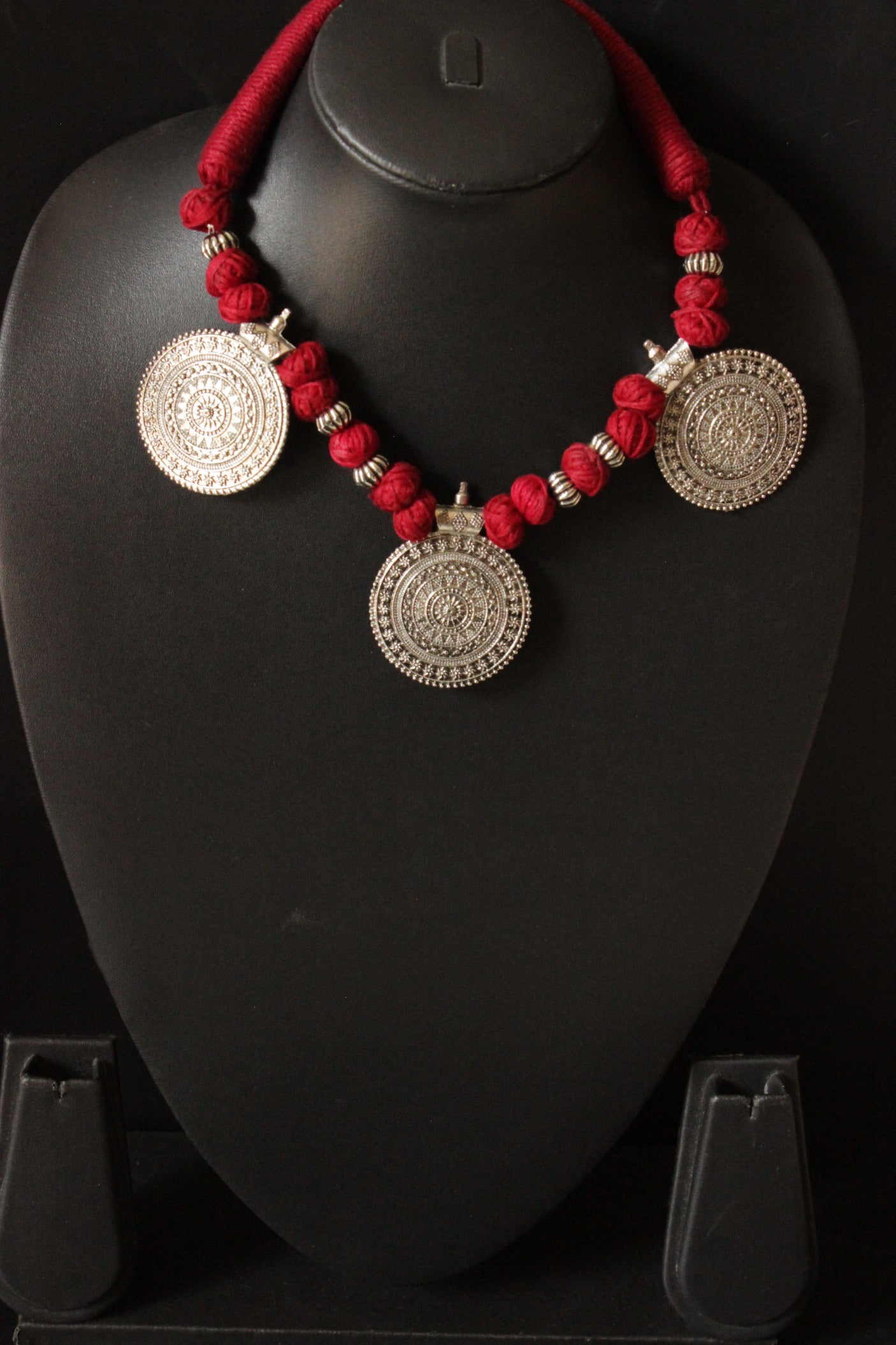 Oxidised Finish Chakra Pattern Pendant Handcrafted Fabric Beads Choker Necklace