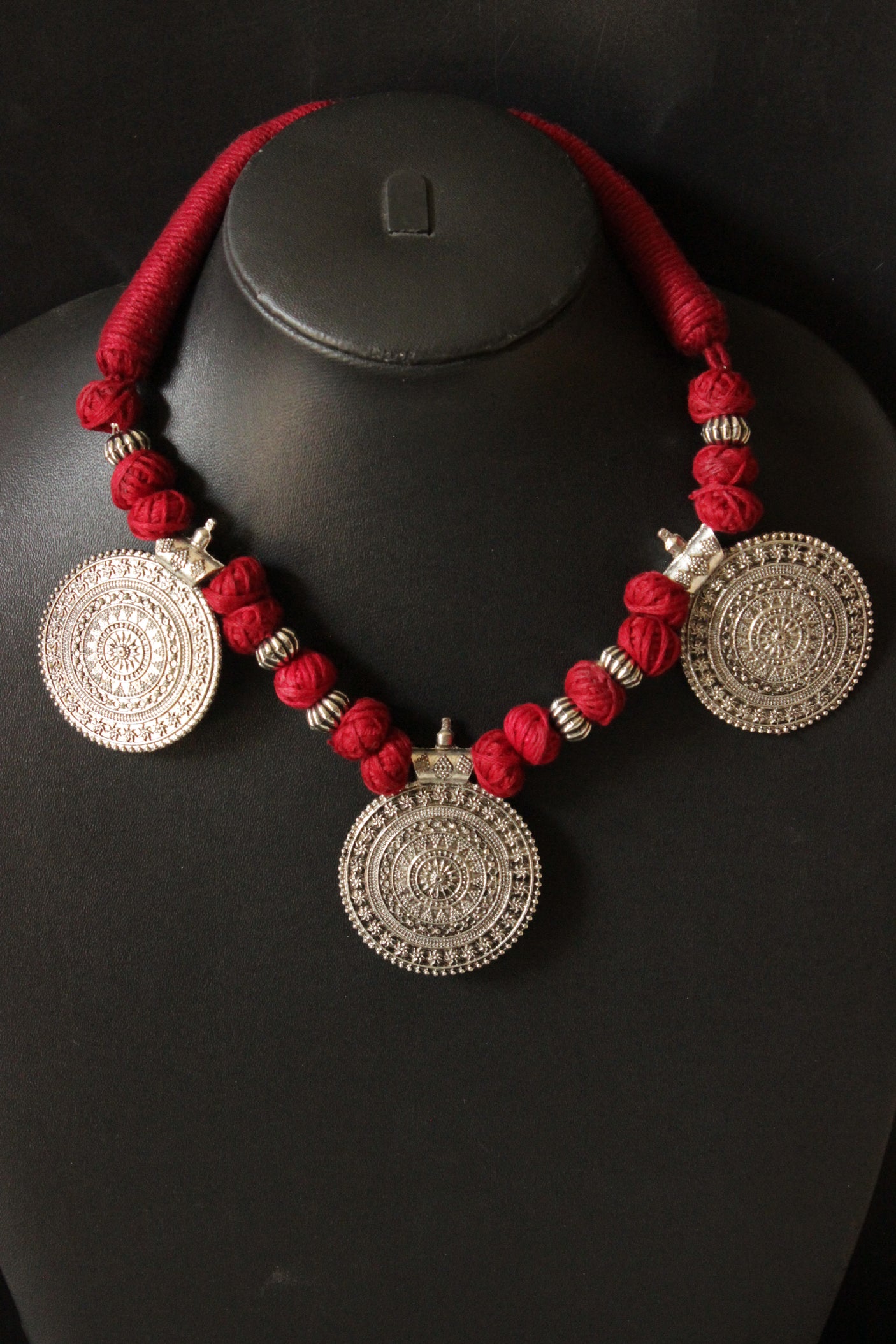 Oxidised Finish Chakra Pattern Pendant Handcrafted Fabric Beads Choker Necklace