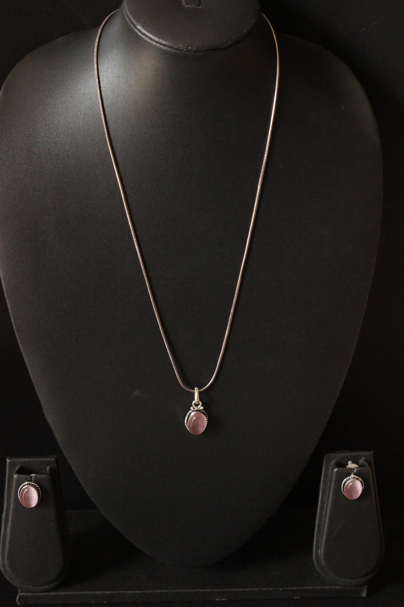Pink Natural Stone Embedded Silver Finish Necklace Set with Ring