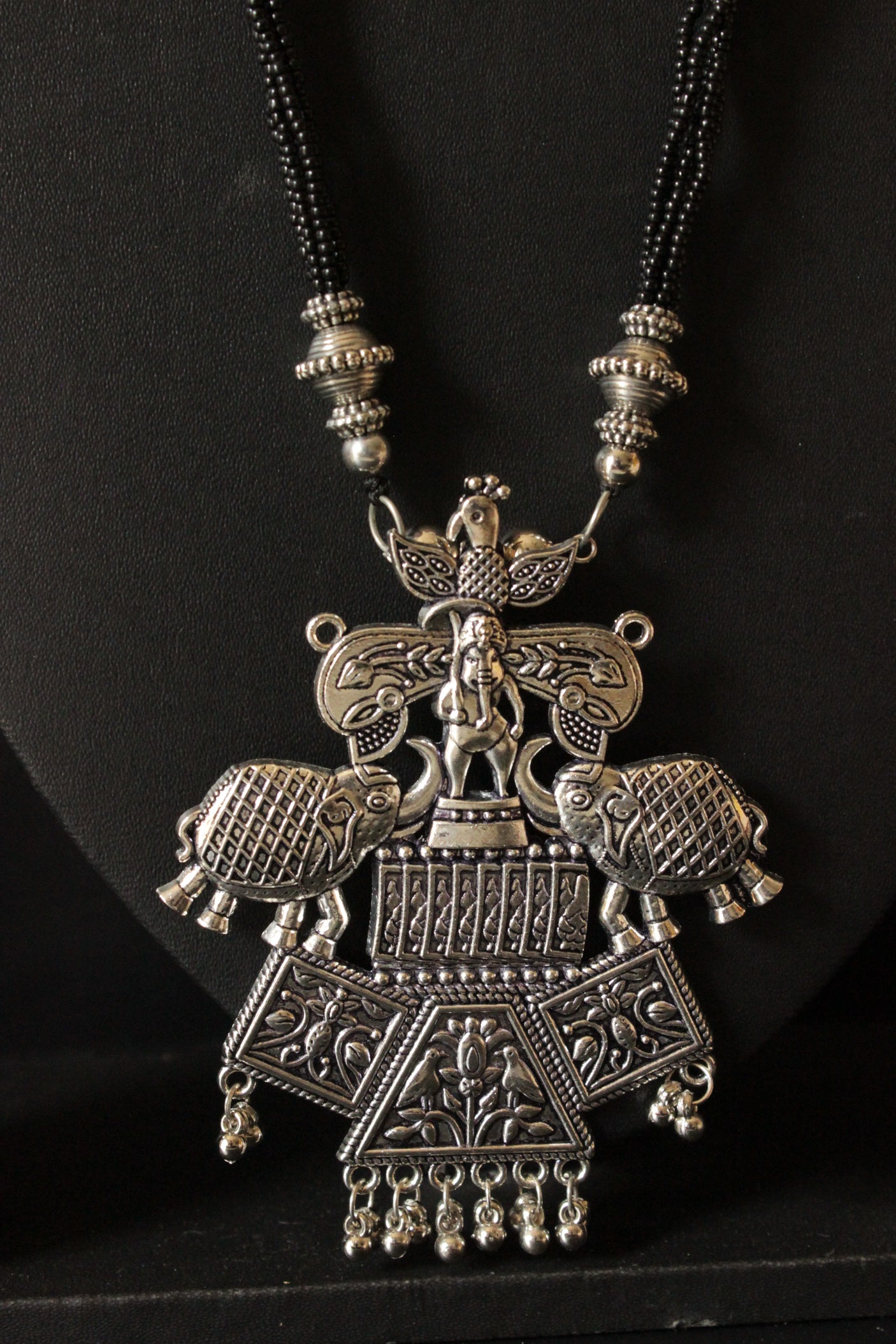 Stringed Black Beads Elephant Motif Pendant Long Necklace Set