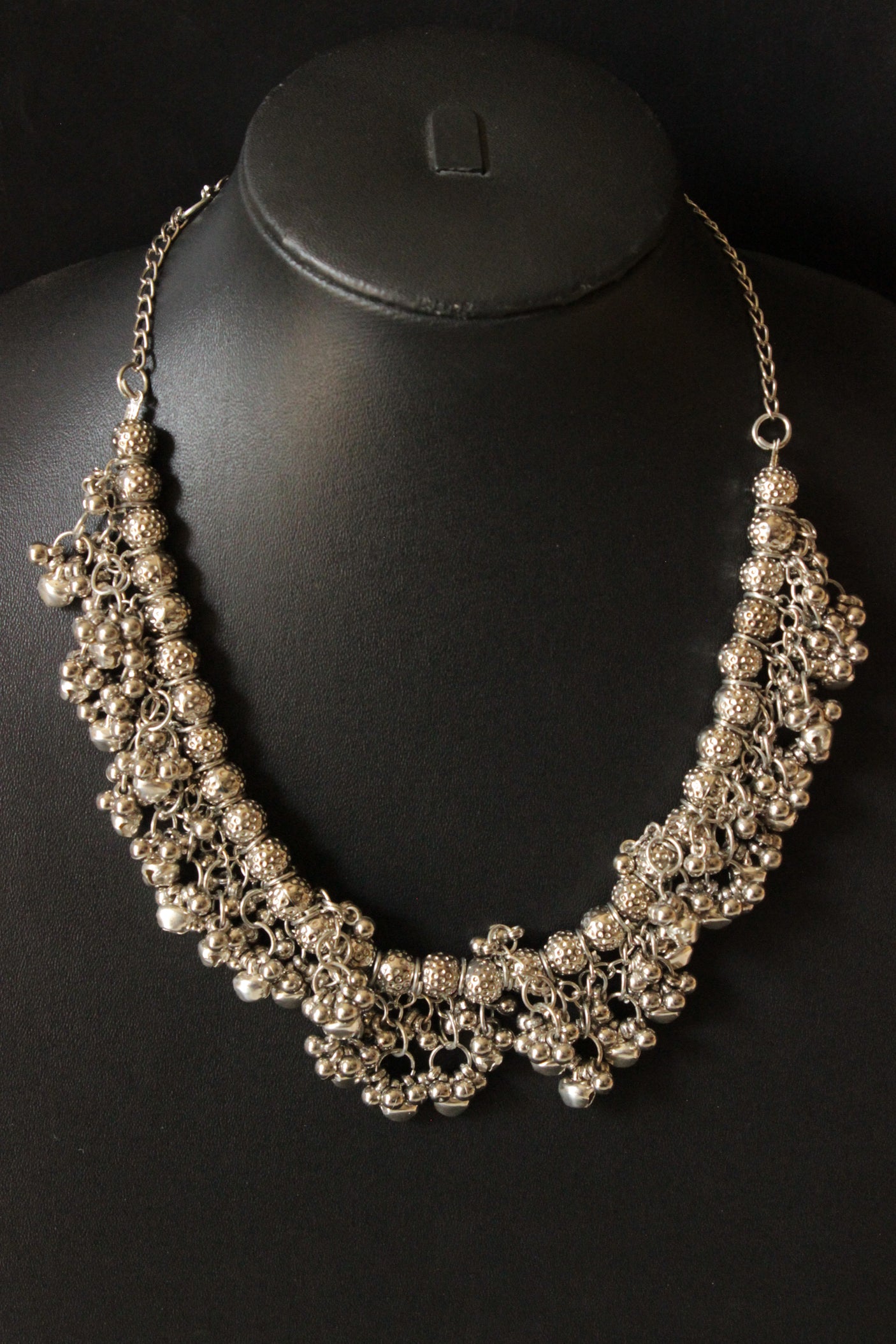 Oxidised Finish Long Chain Necklace with Ghungroo Shaped Beads