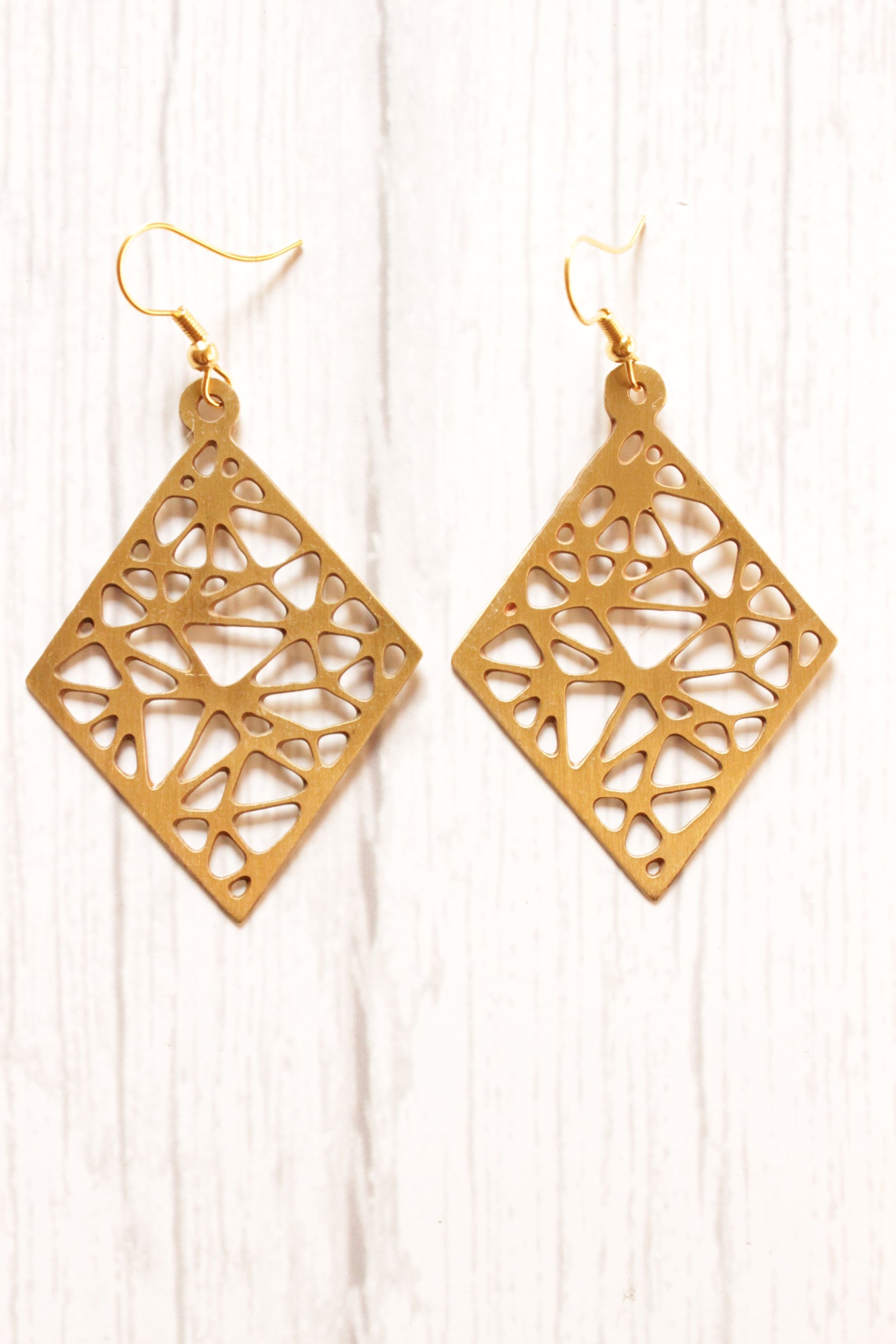 Brass Finish Abstract Jaali Pattern Rhombus Earrings