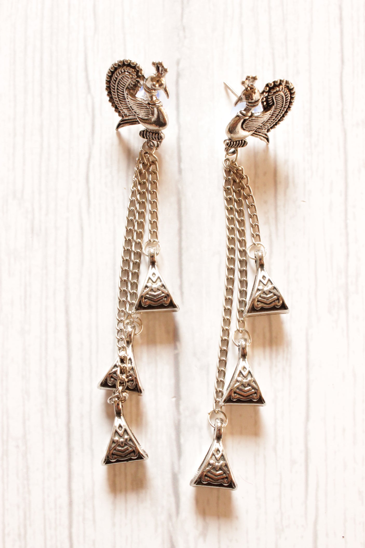 Peacock Motif 3 Metal Chain Strings Silver Finish Dangler Earrings