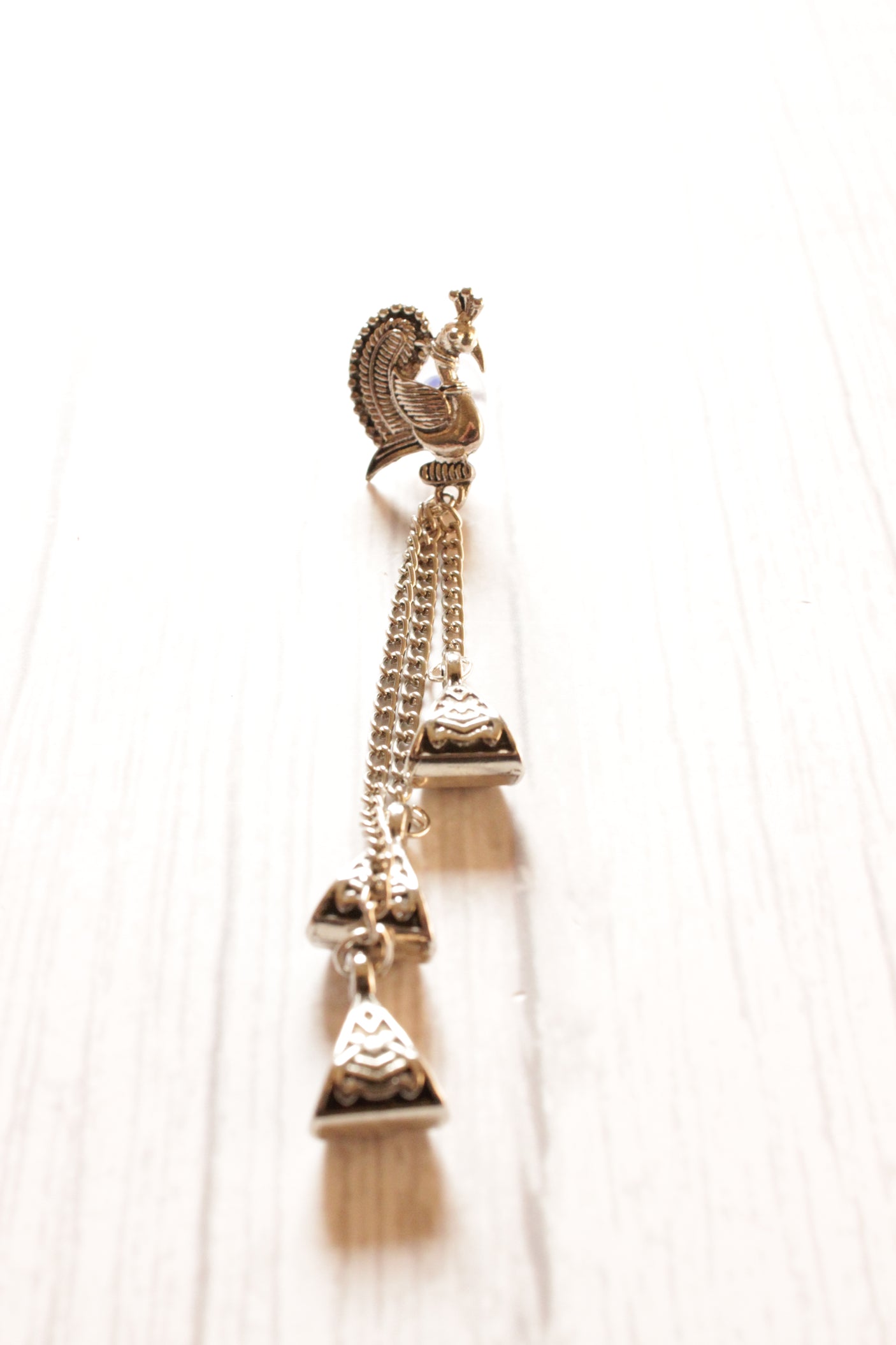 Peacock Motif 3 Metal Chain Strings Silver Finish Dangler Earrings