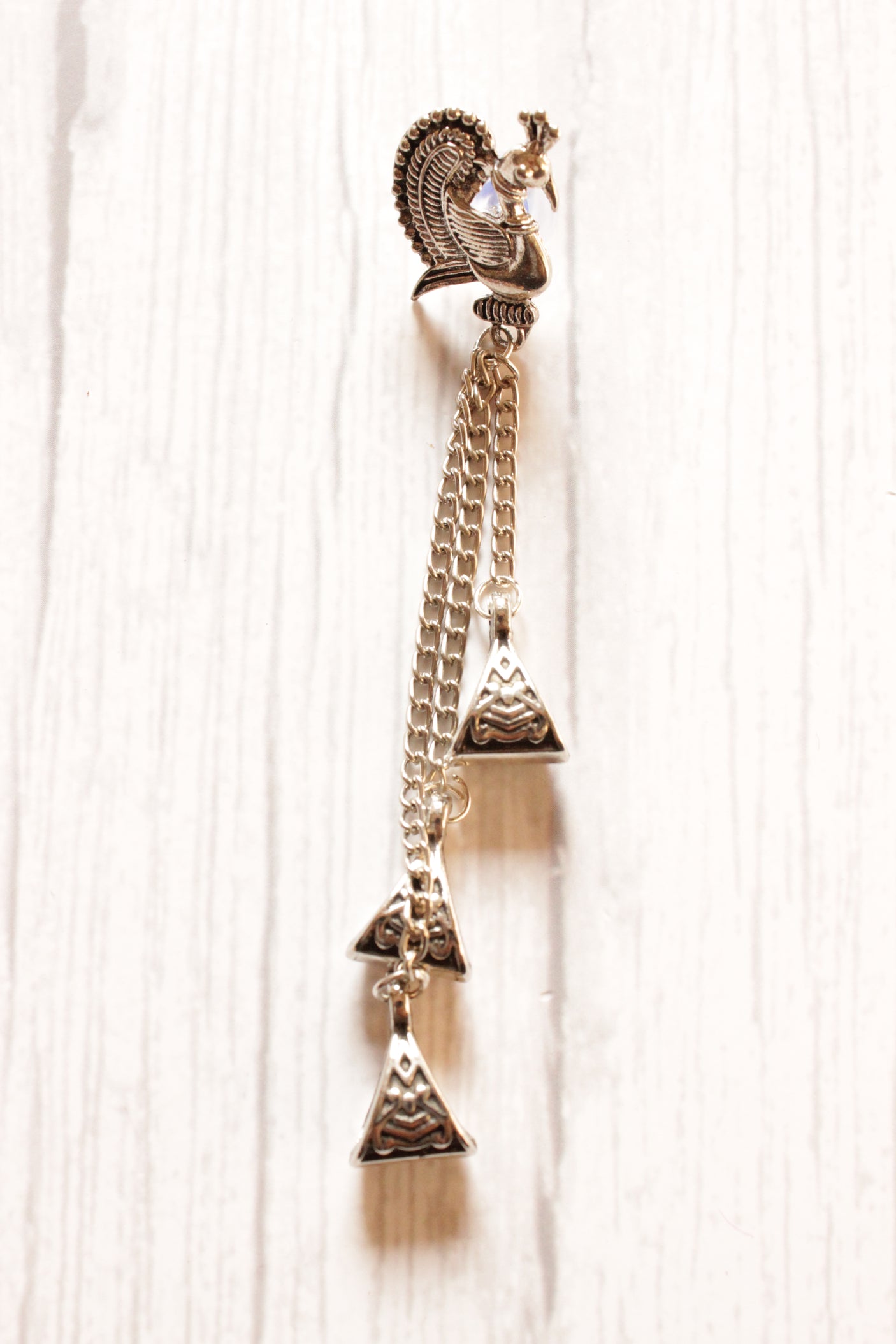 Peacock Motif 3 Metal Chain Strings Silver Finish Dangler Earrings