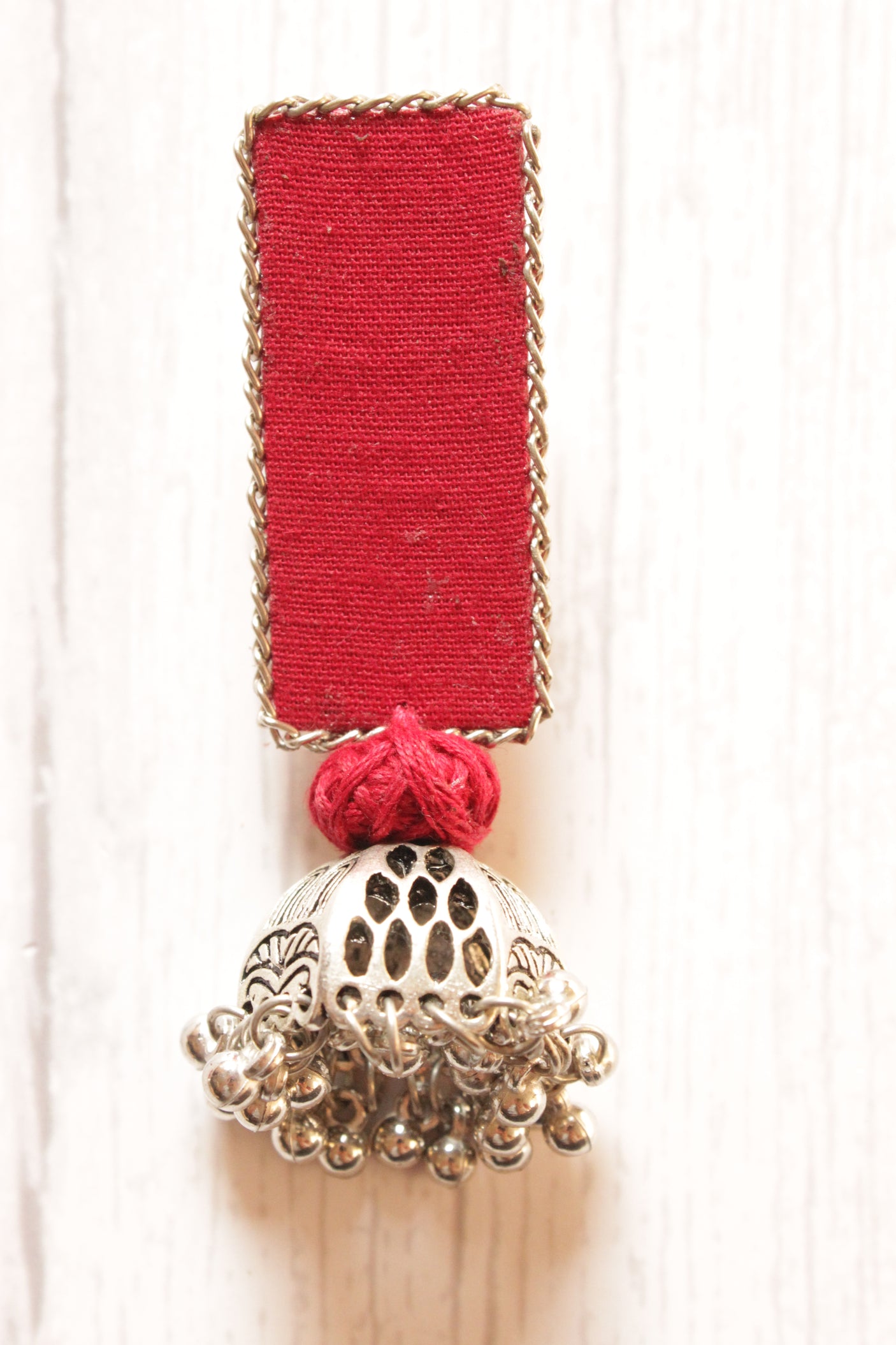 Red Woven Fabric Long Dangler Jhumka Earrings