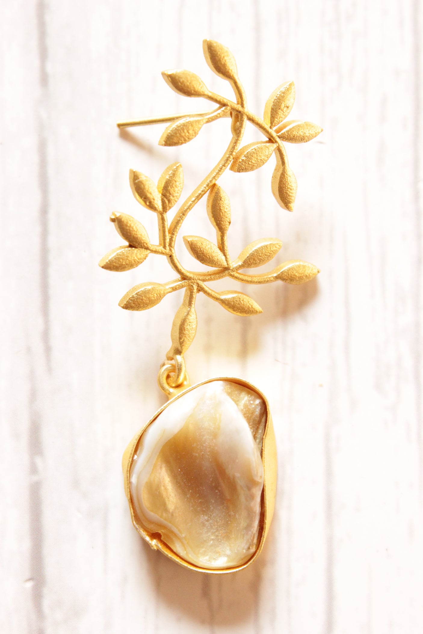 Rough Cut Natural Ivory Stone Leaf Motifs Brass Earrings