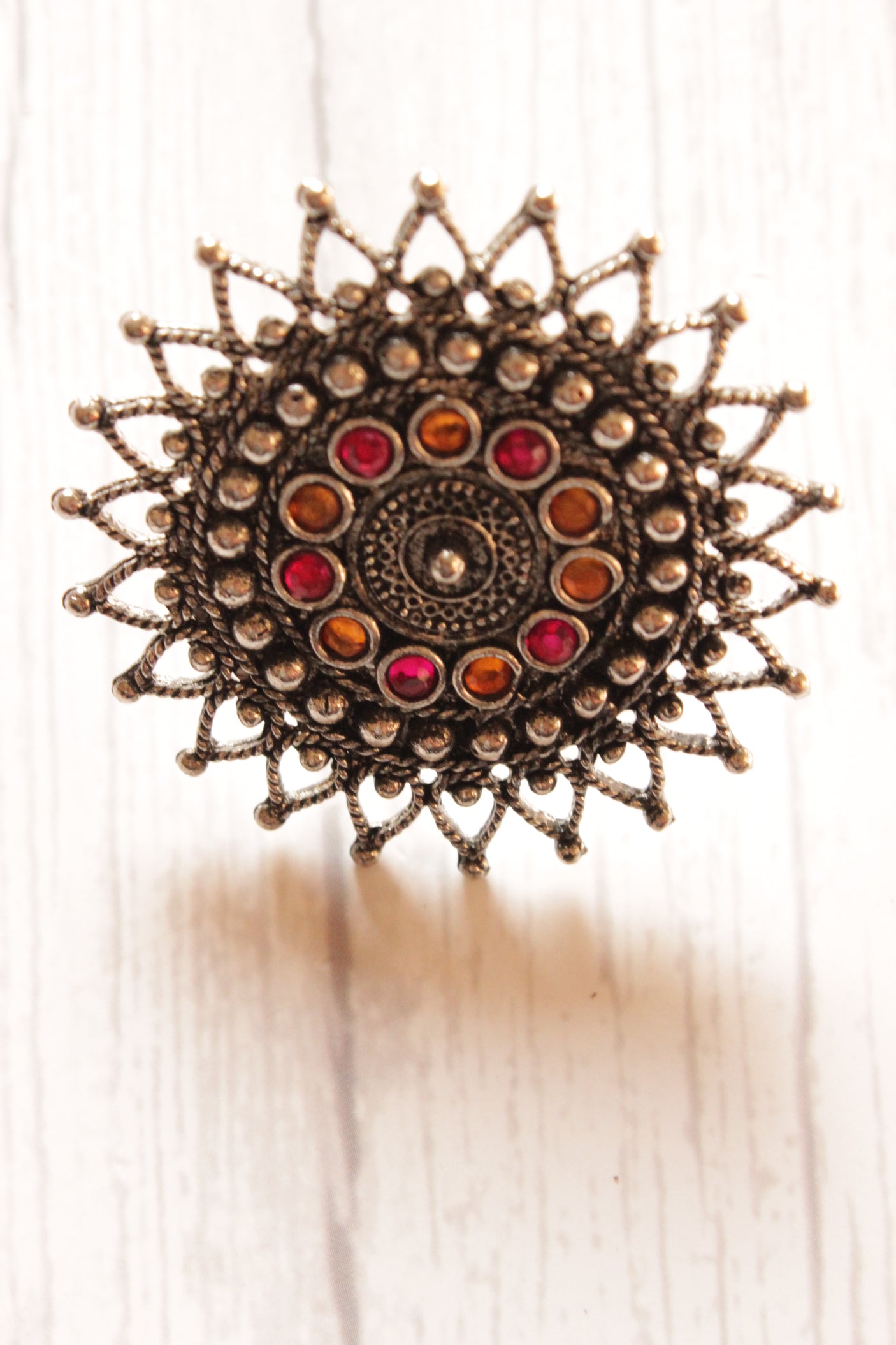 Pink and Orange Stones Oxidised Finish Statement Cocktail Adjustable Ring