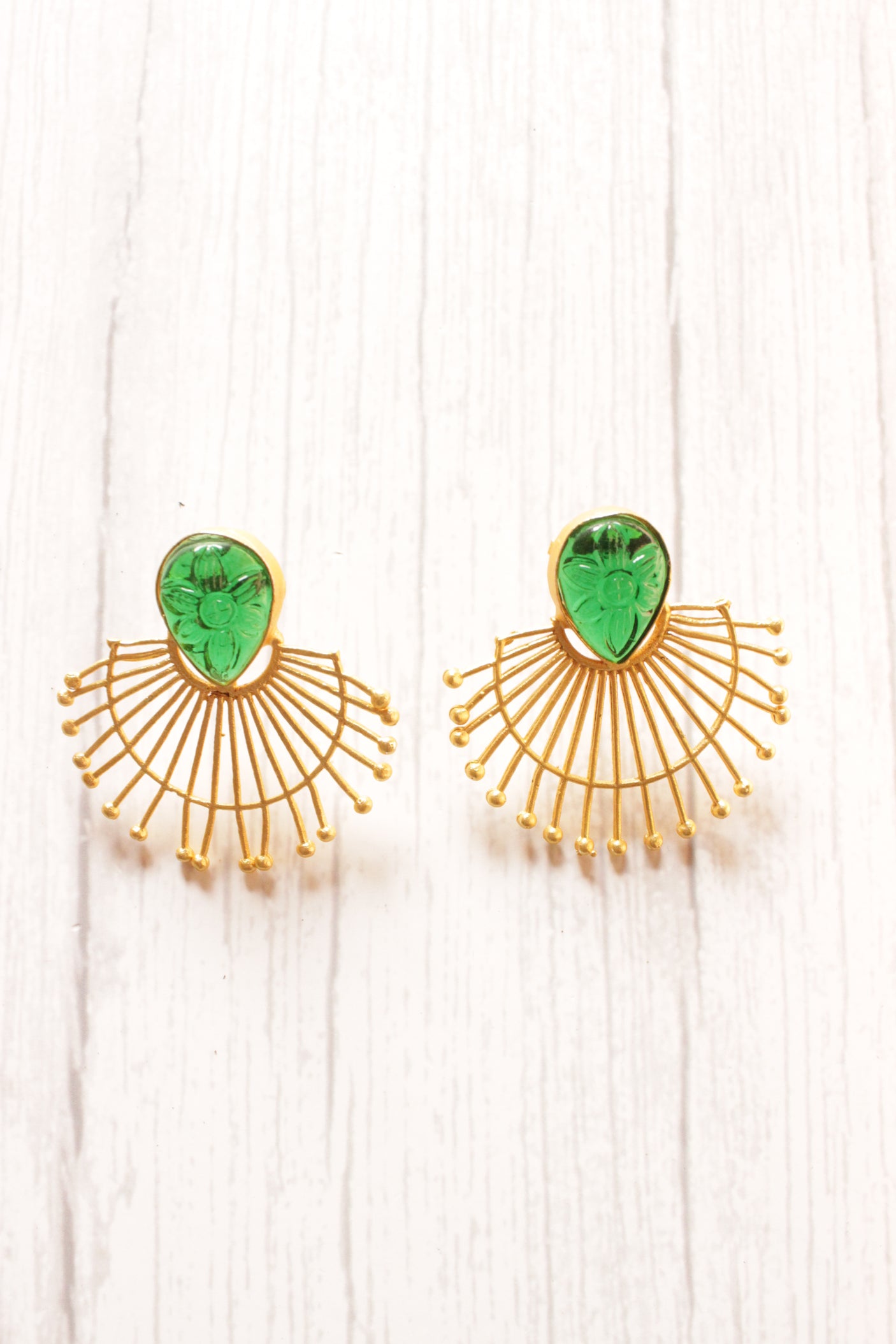 Green Tear Drop Glass Stone Embellished Brass Earrings