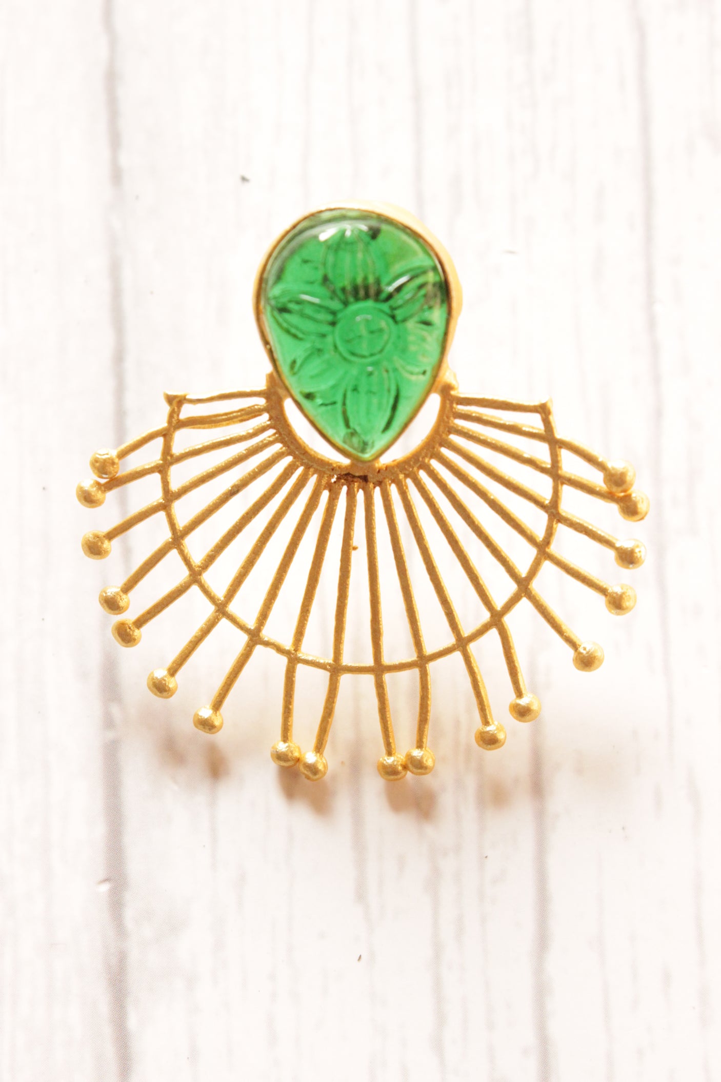 Green Tear Drop Glass Stone Embellished Brass Earrings