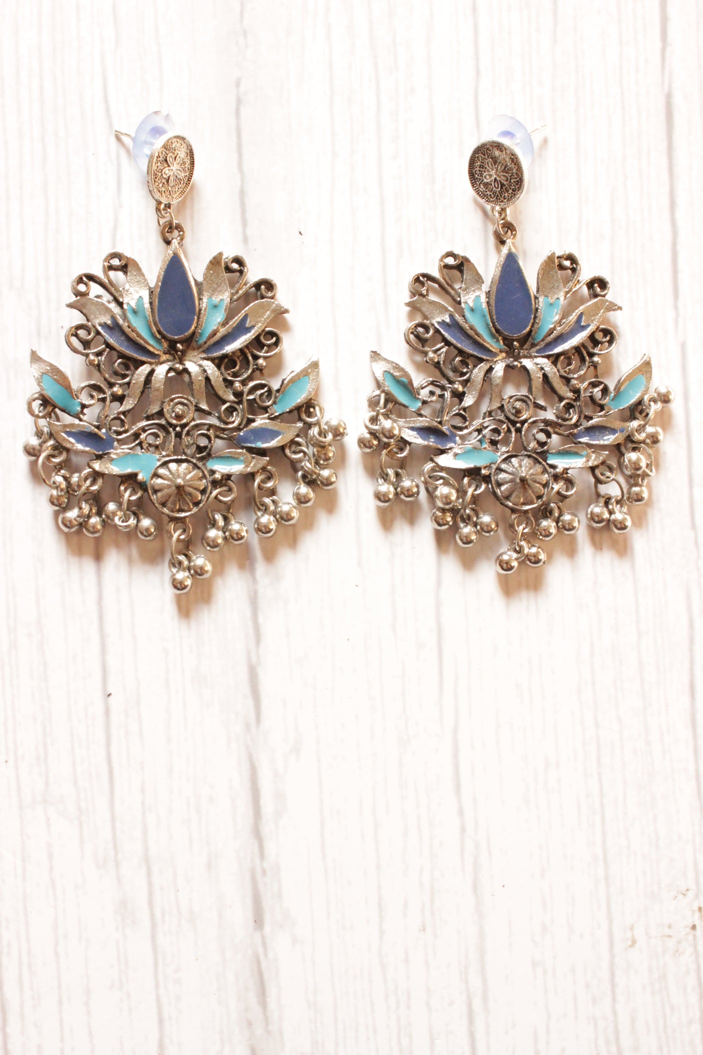 Lotus Shape Shades of Blue Metal Dangler Earrings