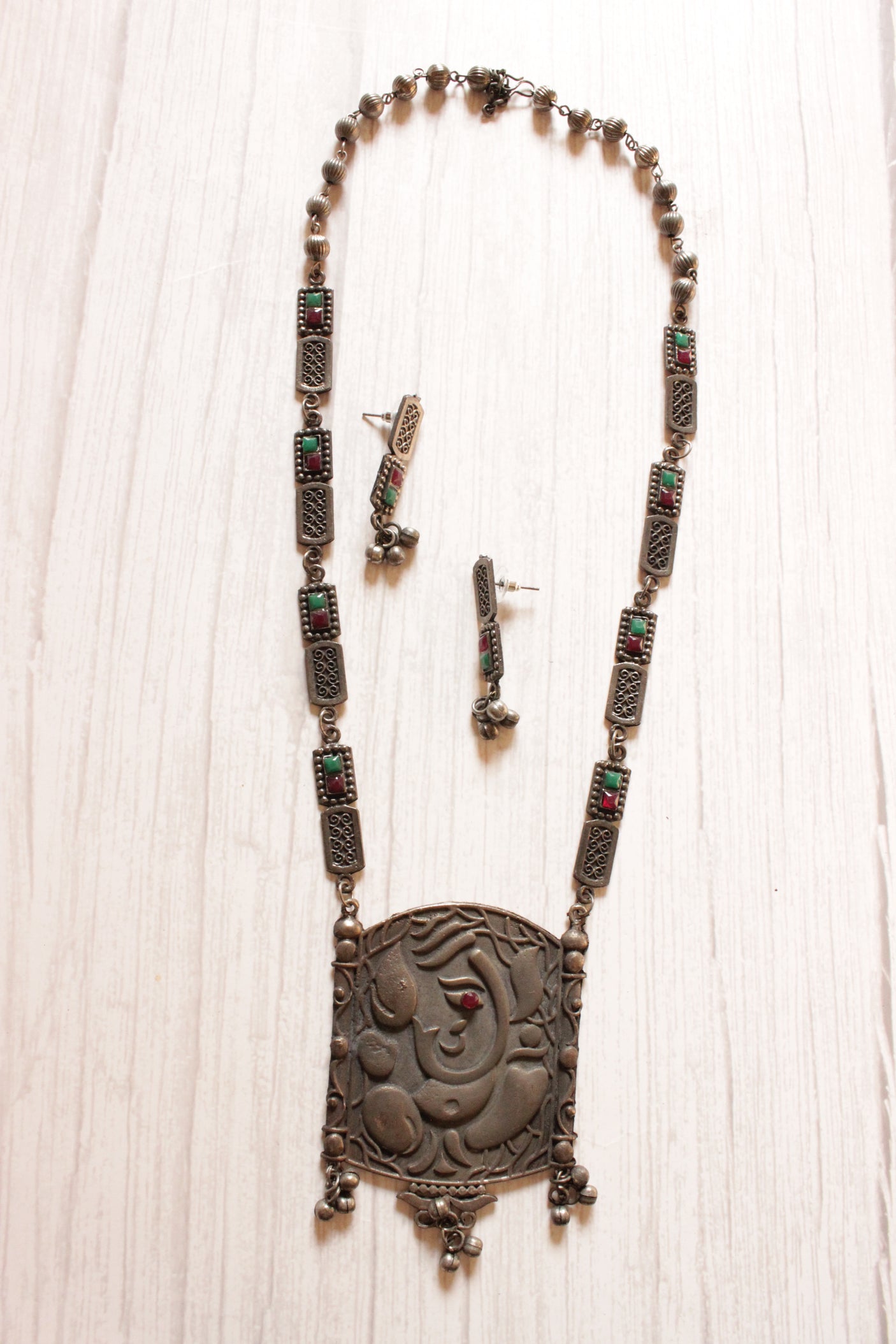 Ganesha Motif Premium Oxidised Finish Long Chain Necklace Set
