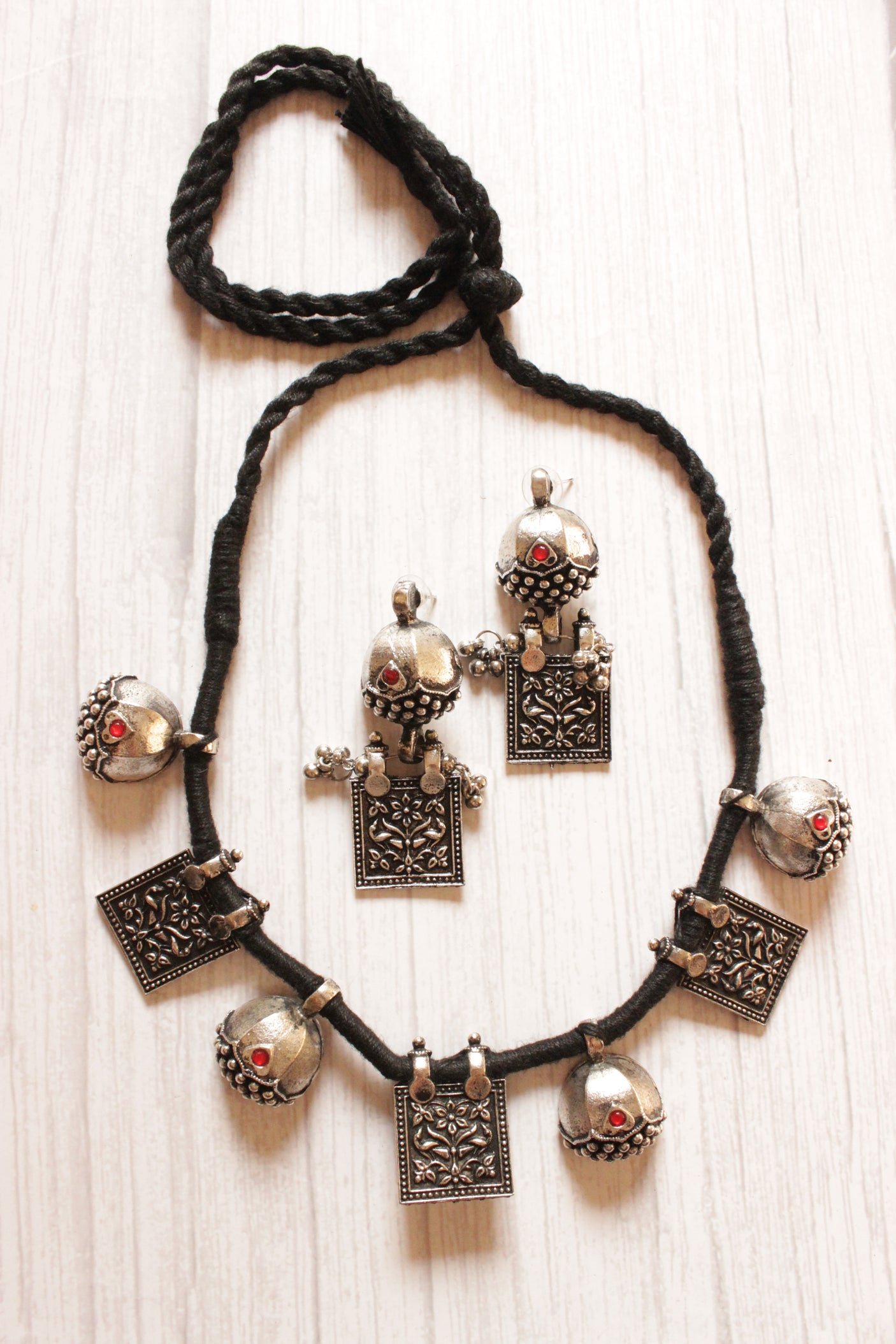 Square and Dome Shaped Metal Embellishments Oxidised Finish Adjustable Length Choker Necklace Set