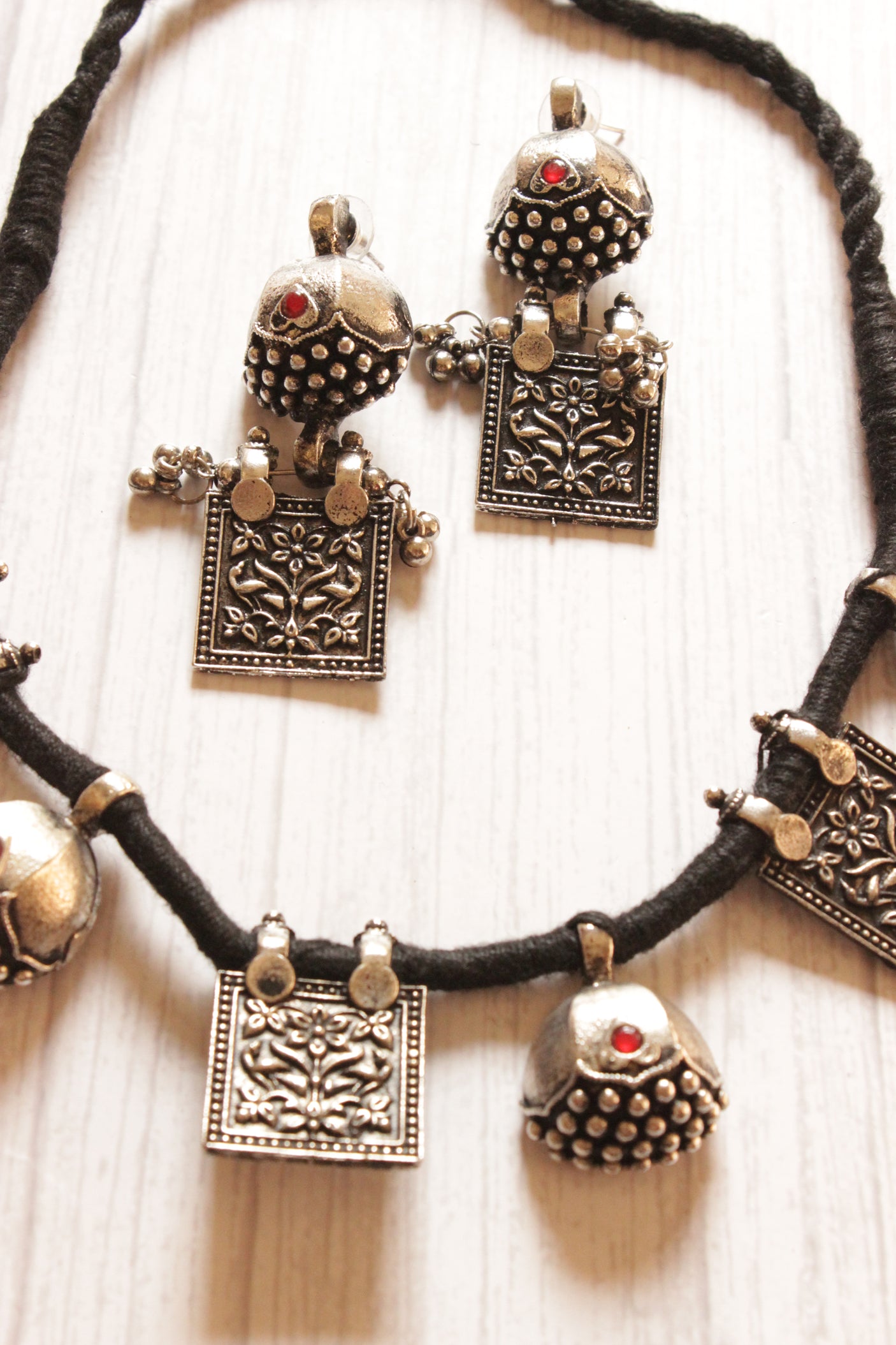 Square and Dome Shaped Metal Embellishments Oxidised Finish Adjustable Length Choker Necklace Set