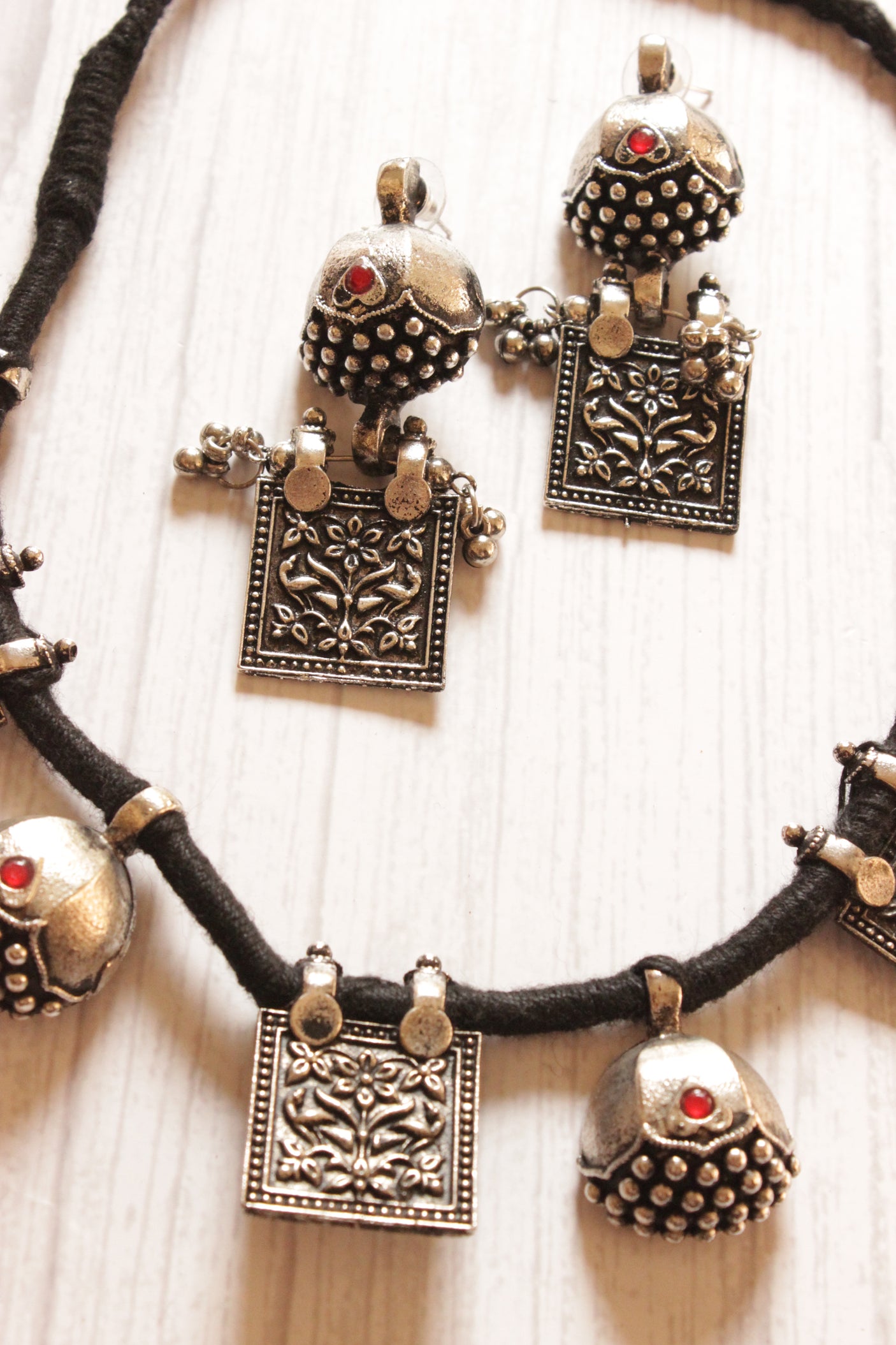 Square and Dome Shaped Metal Embellishments Oxidised Finish Adjustable Length Choker Necklace Set