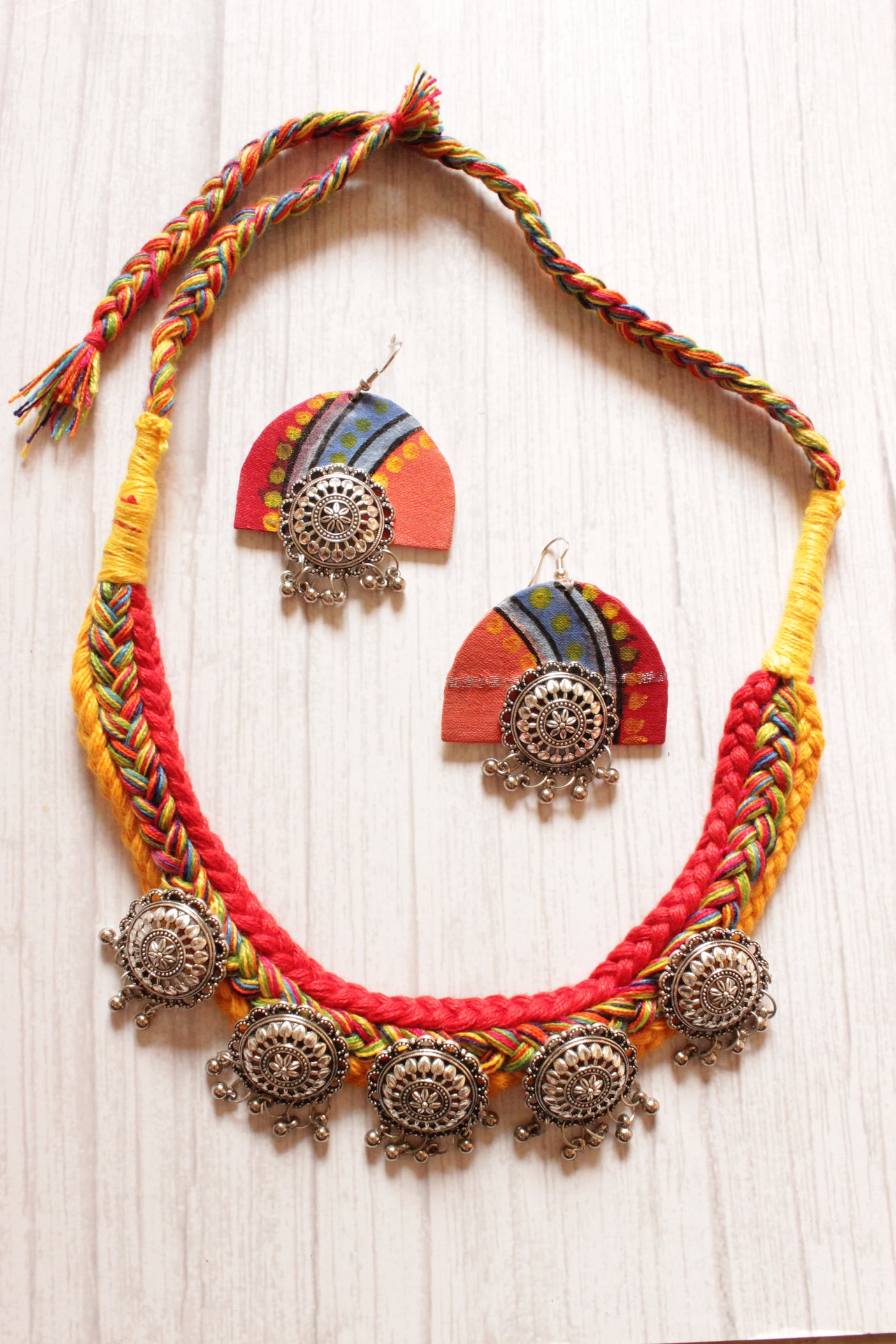 Hand Braided Multi-Color Threads Silver Finish Metal Charms Choker Necklace Set