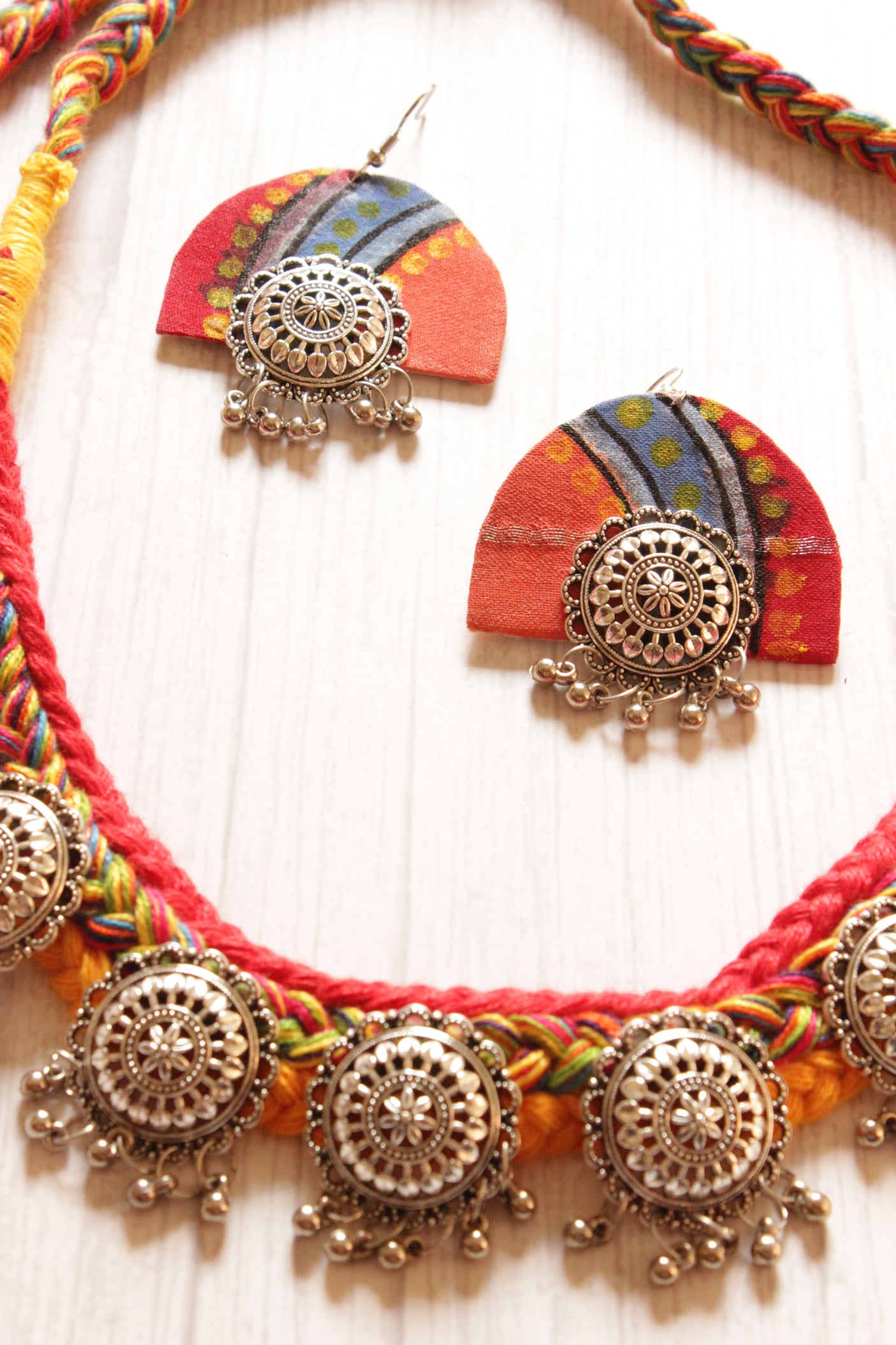 Hand Braided Multi-Color Threads Silver Finish Metal Charms Choker Necklace Set