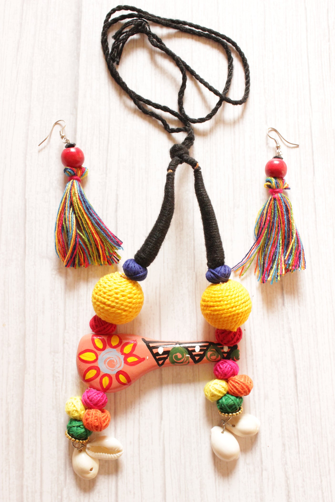Hand Painted Sitar Pendant Necklace Set embellished with Fabric Beads and Shells