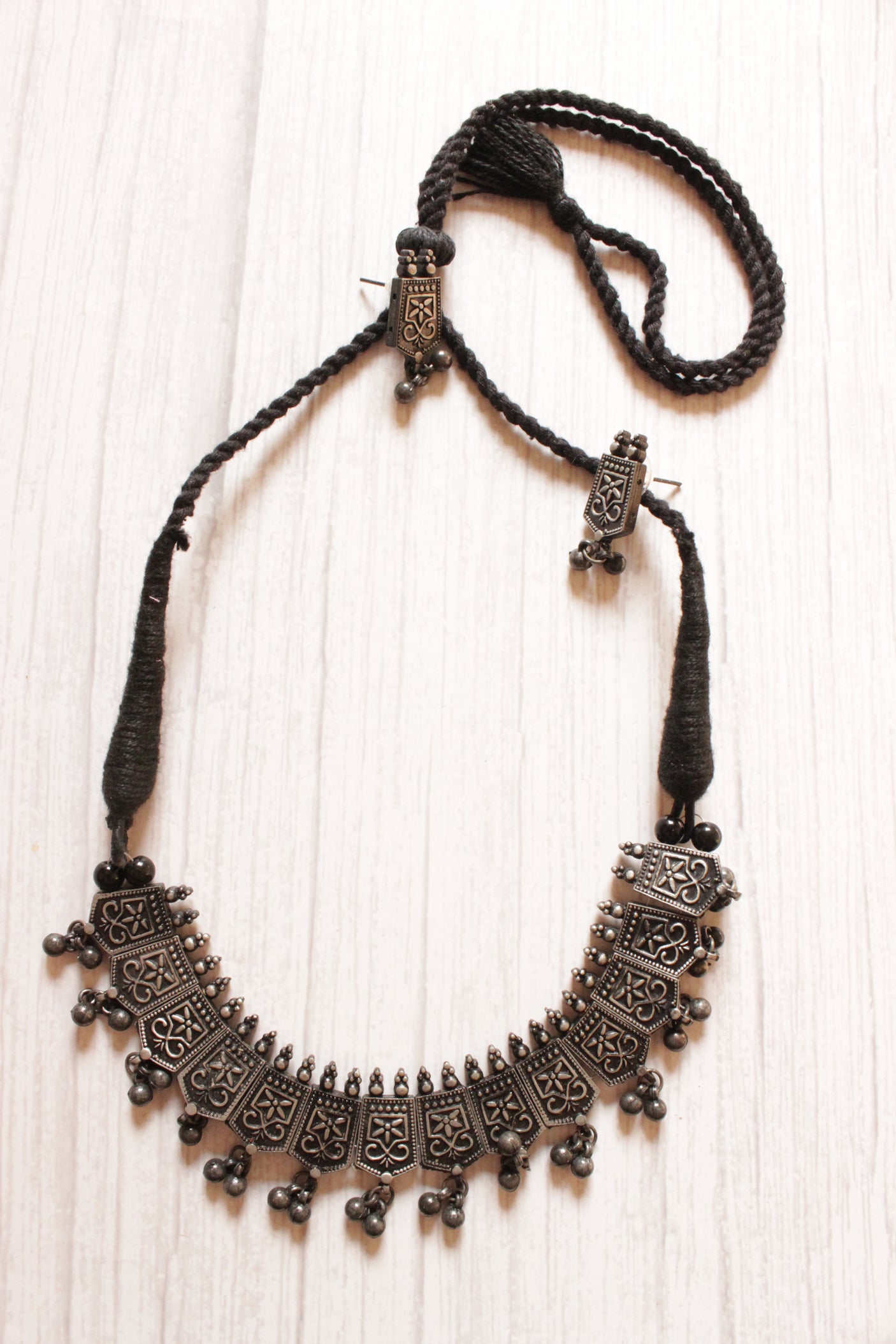 Oxidised Finish Ghungroo Beads Embellished Adjustable Thread Choker Necklace Set