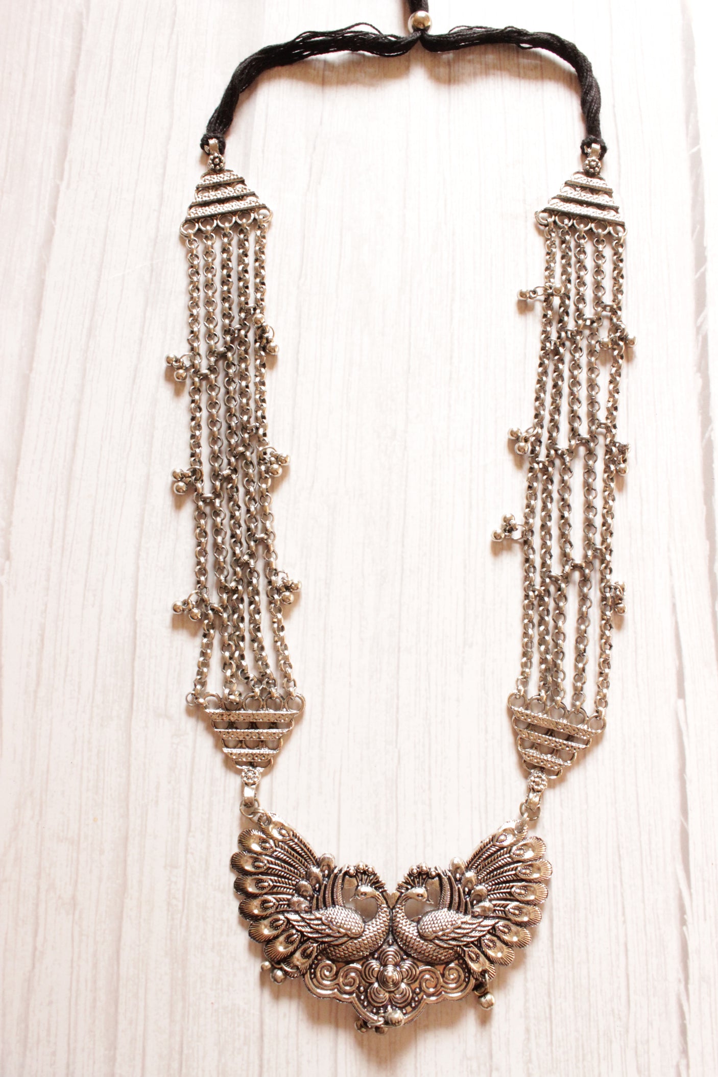 Peacock Motif Statement Pendant Silver Finish Long Necklace