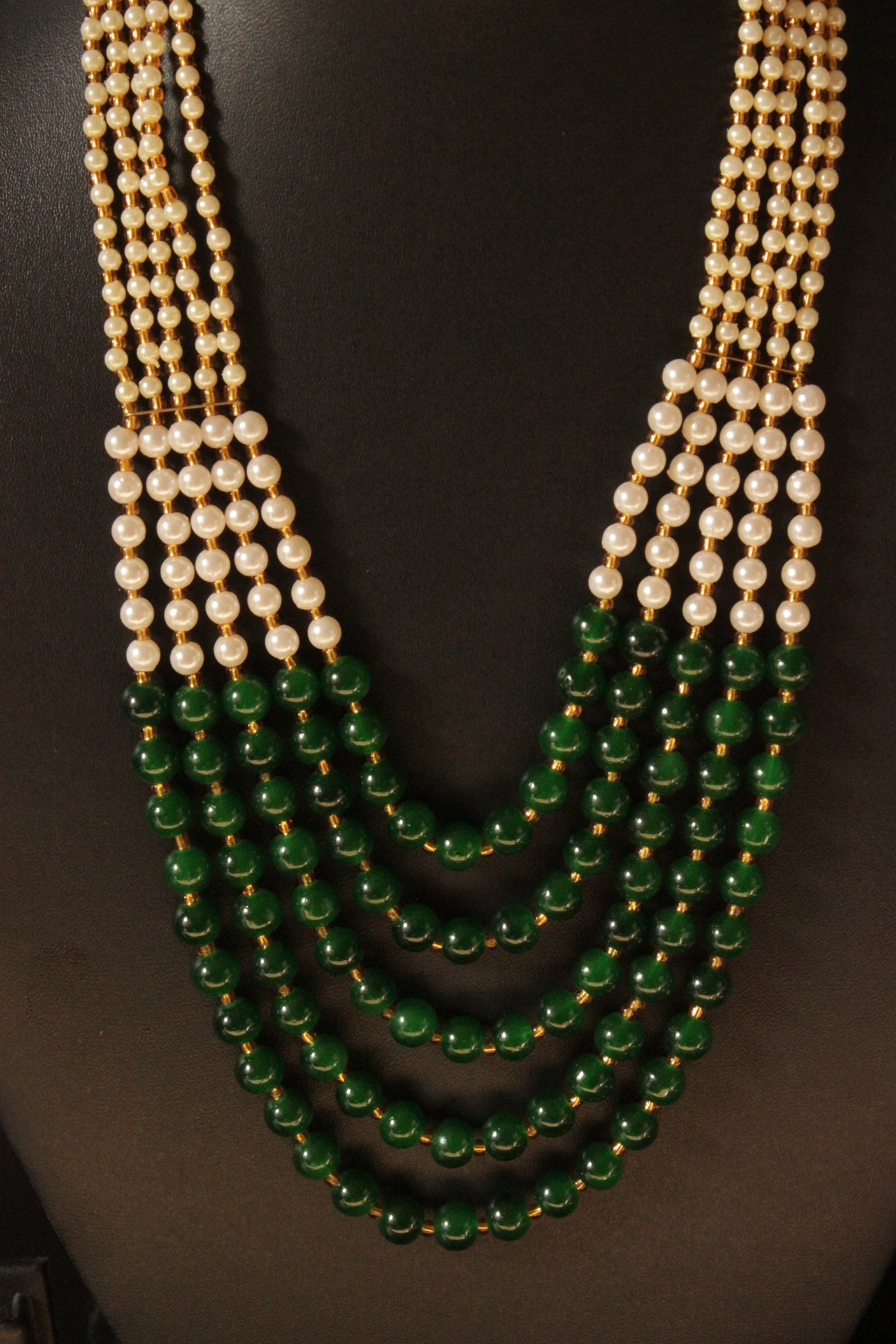 Green & White Glass Beads Intertwined with Golden Beads Adjustable Thread Ethnic Necklace