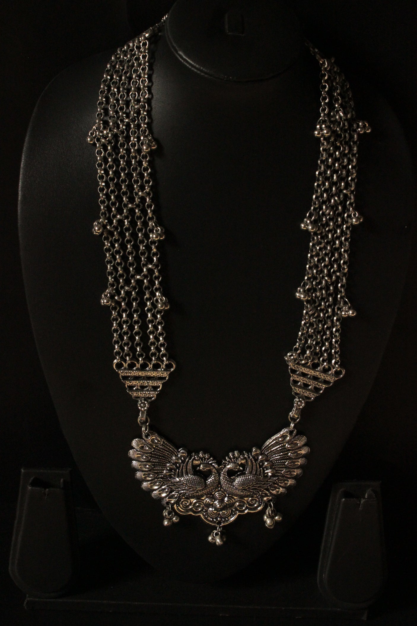 Peacock Motif Statement Pendant Silver Finish Long Necklace