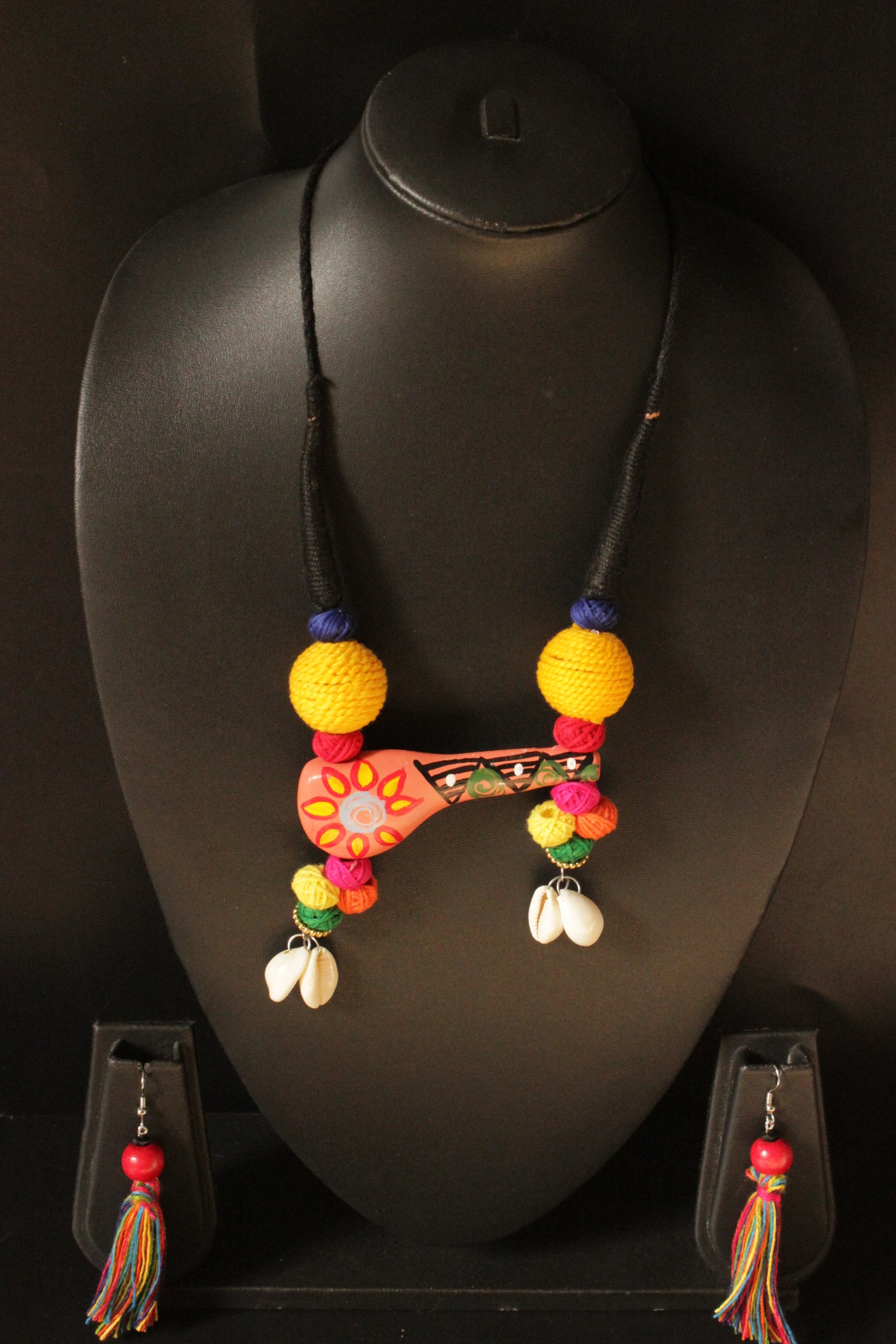 Hand Painted Sitar Pendant Necklace Set embellished with Fabric Beads and Shells