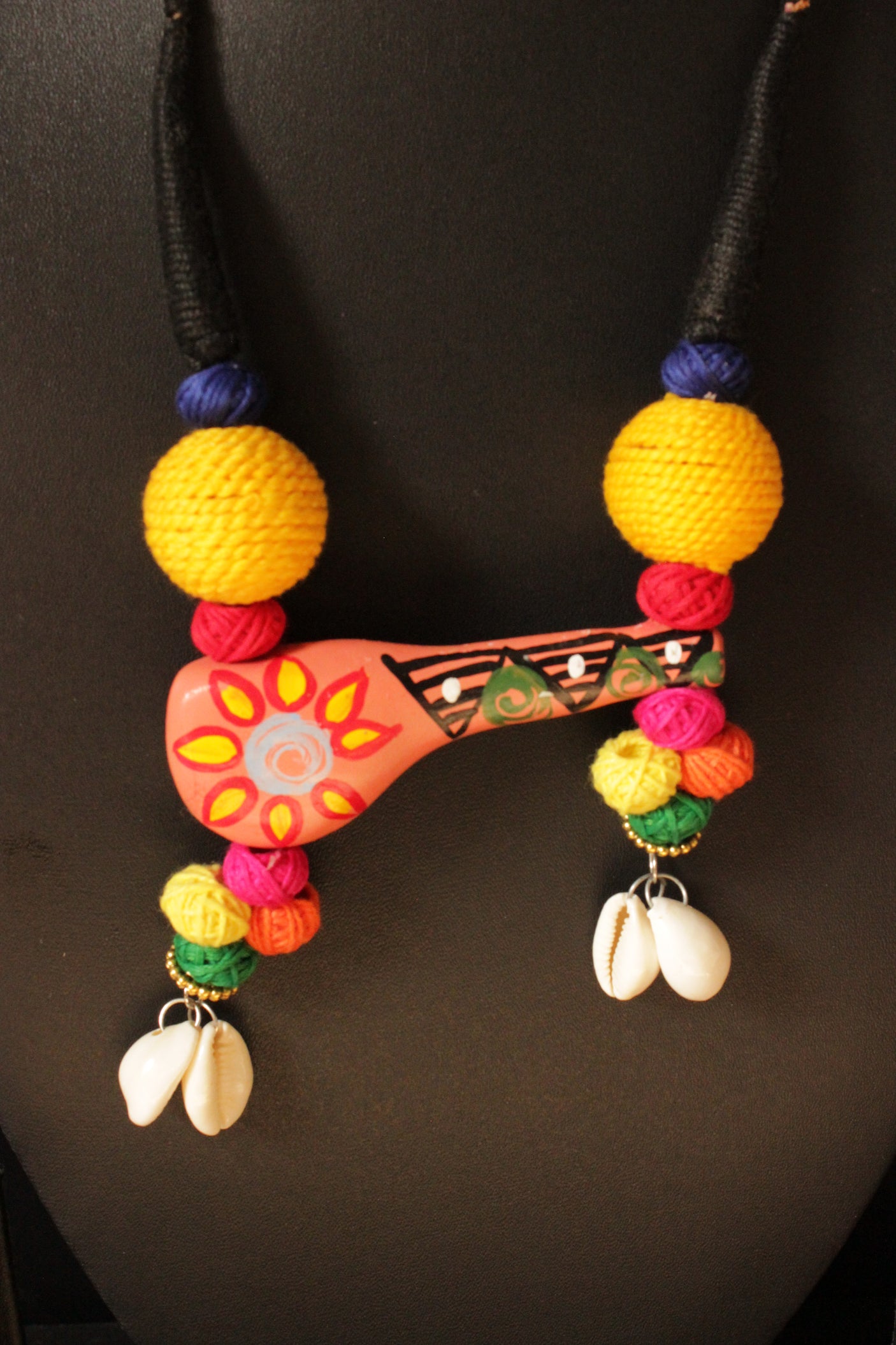 Hand Painted Sitar Pendant Necklace Set embellished with Fabric Beads and Shells