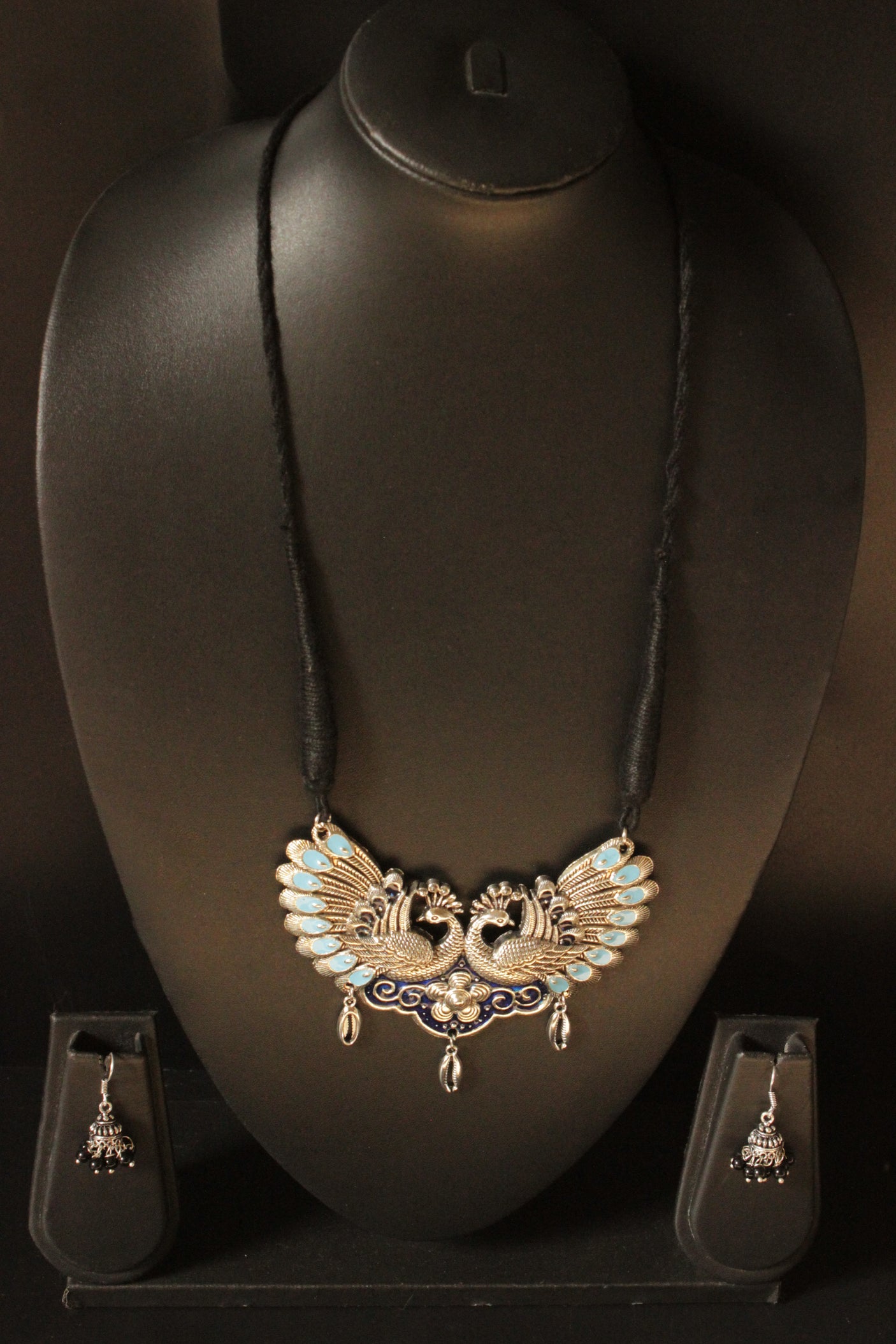 Peacock Motif Statement Hand Painted Pendant Silver Finish Thread Closure Necklace