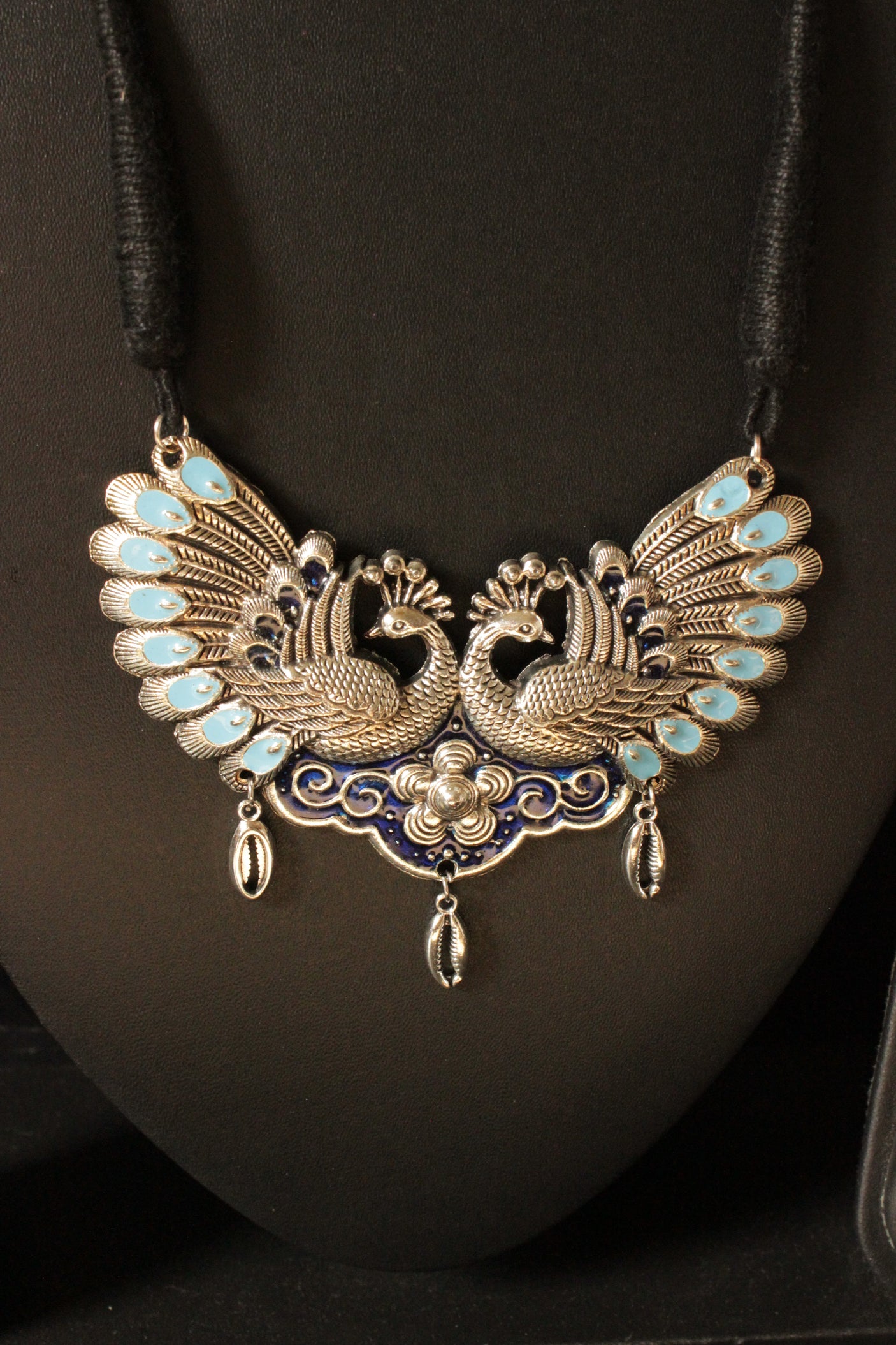 Peacock Motif Statement Hand Painted Pendant Silver Finish Thread Closure Necklace