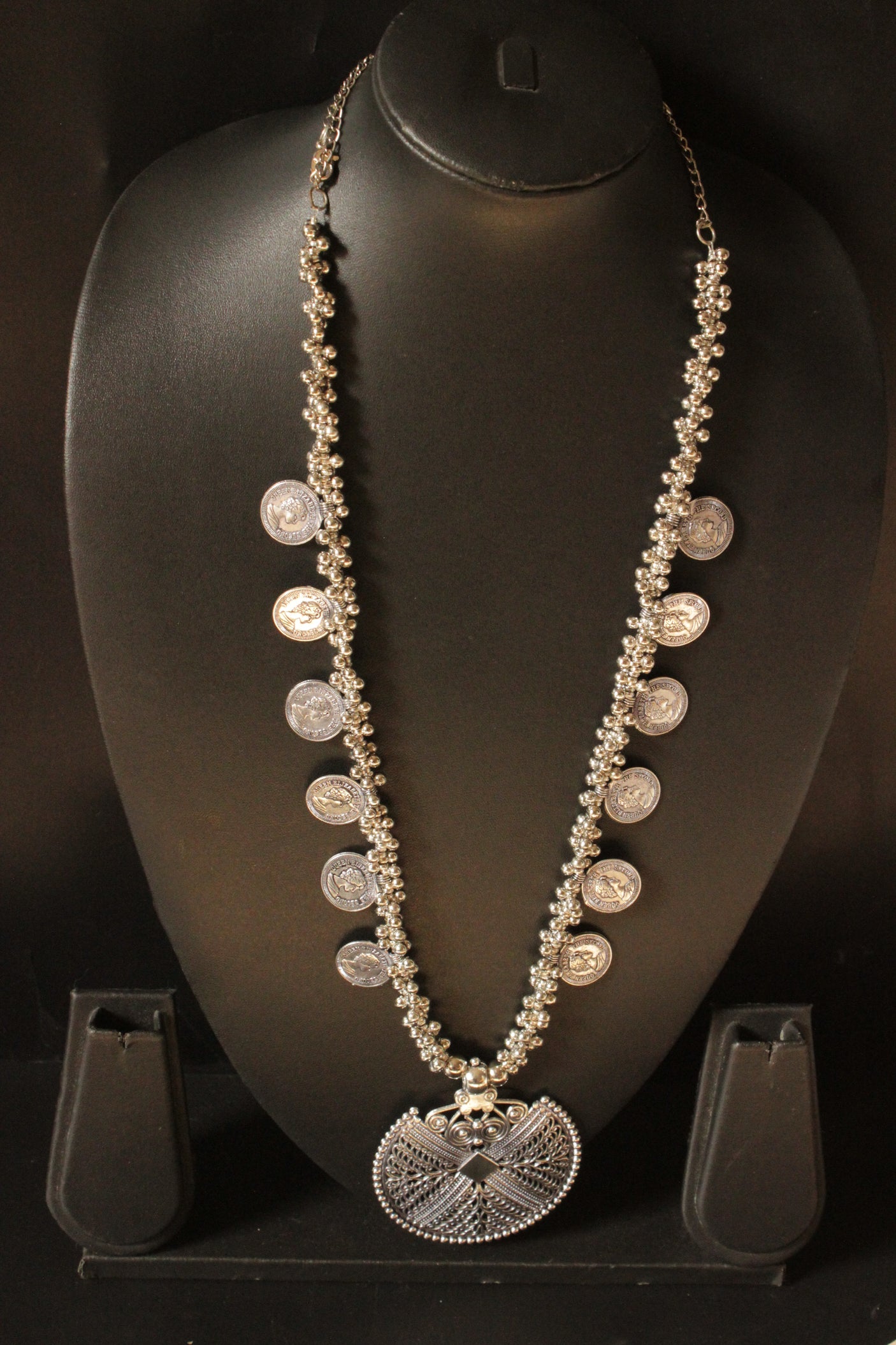 Metal Stamped Coins and Ghungroo Beads Embellished Silver Finish Long Necklace
