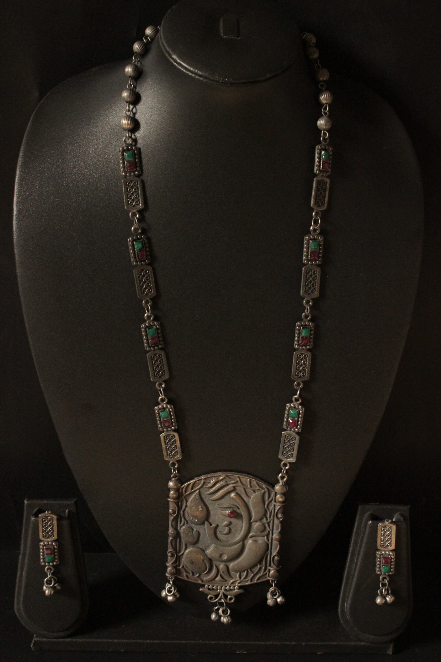 Ganesha Motif Premium Oxidised Finish Long Chain Necklace Set