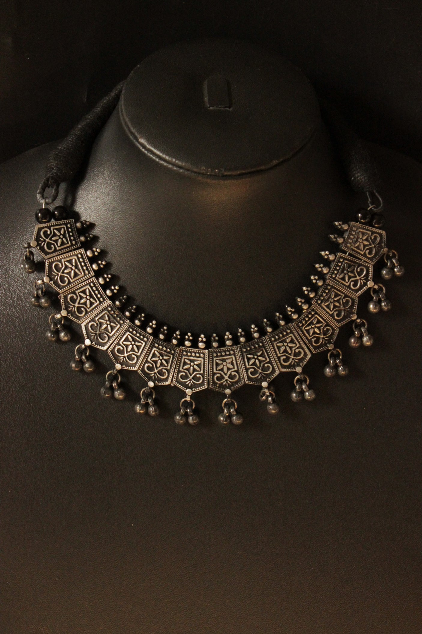 Oxidised Finish Ghungroo Beads Embellished Adjustable Thread Choker Necklace Set