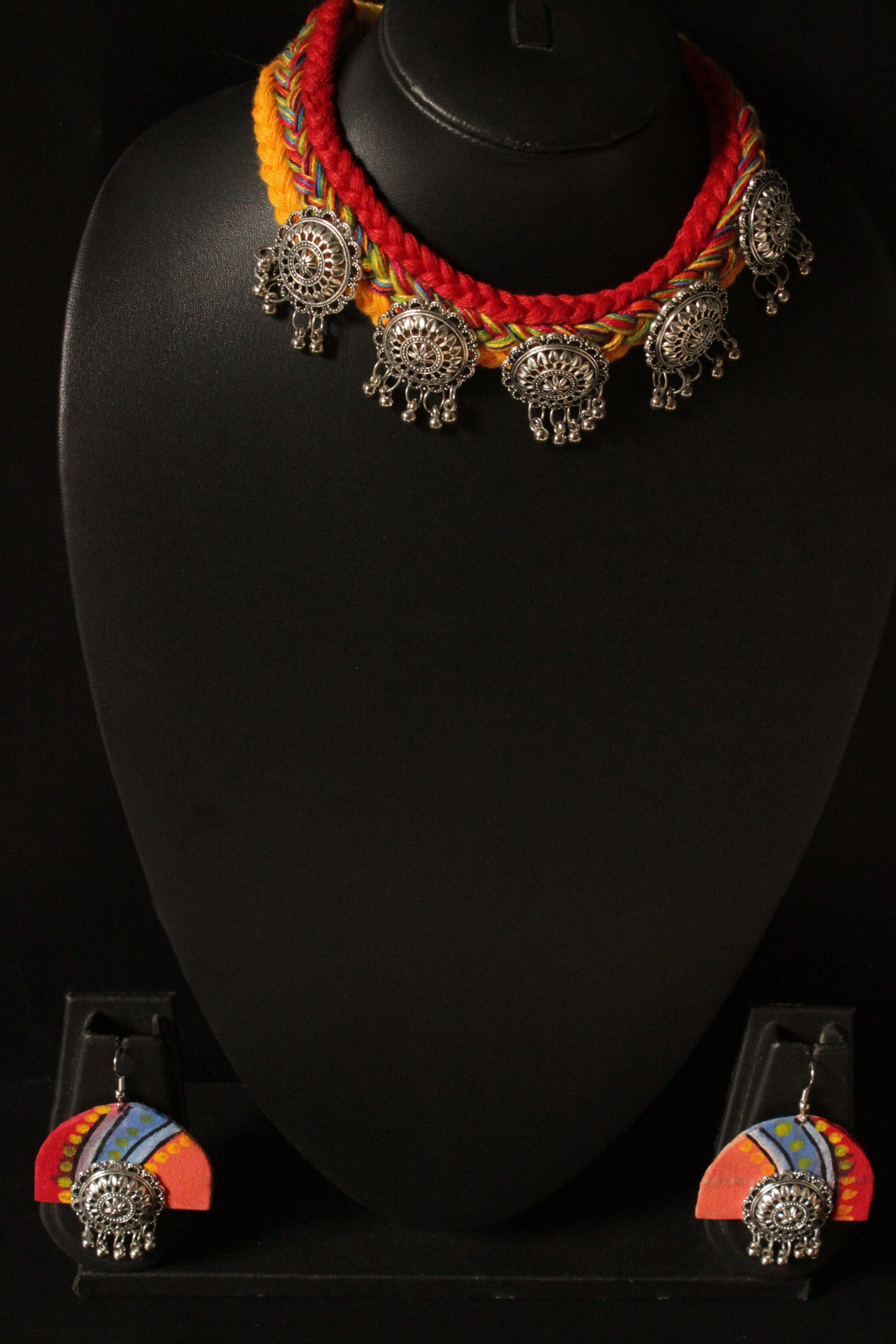 Hand Braided Multi-Color Threads Silver Finish Metal Charms Choker Necklace Set