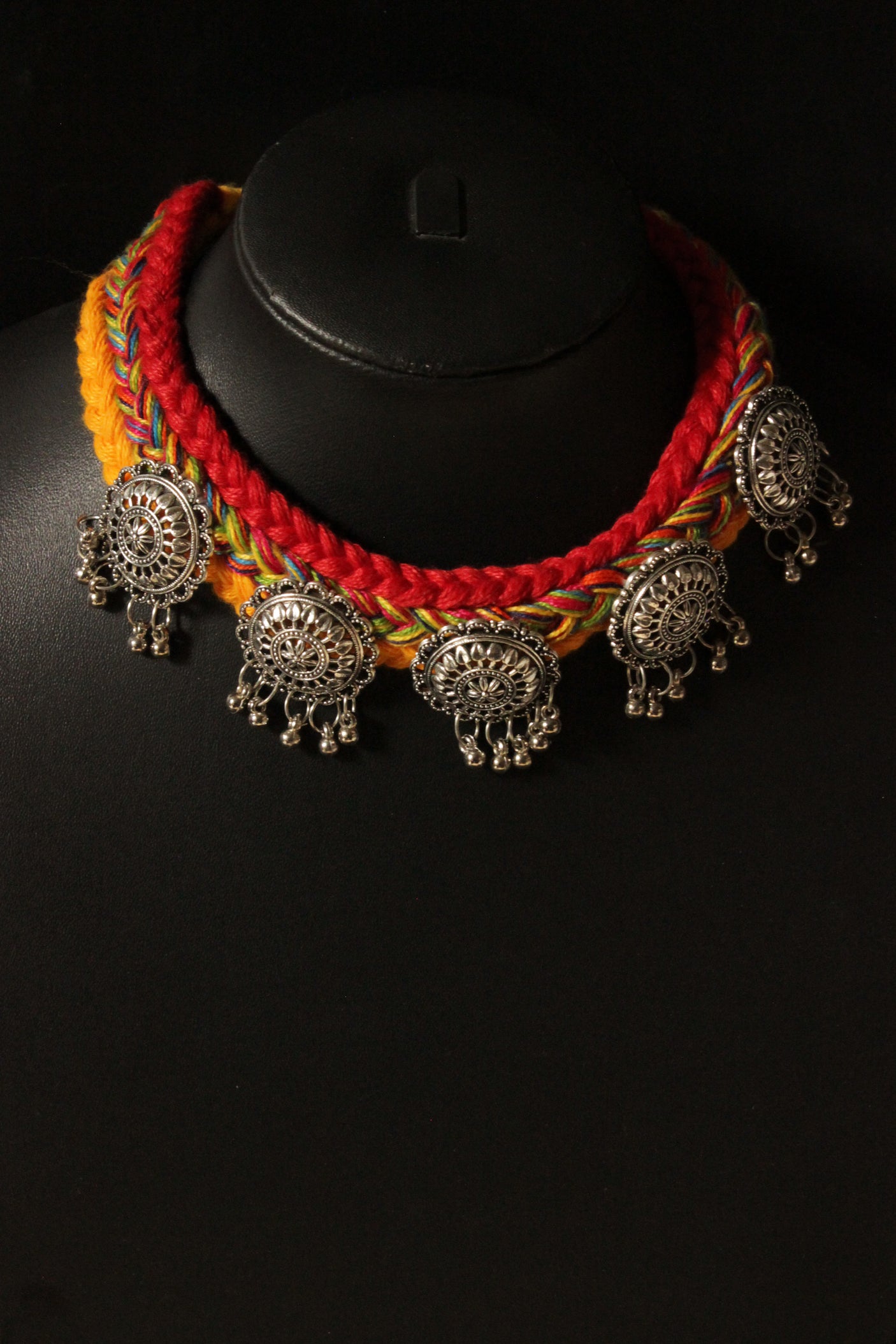 Hand Braided Multi-Color Threads Silver Finish Metal Charms Choker Necklace Set