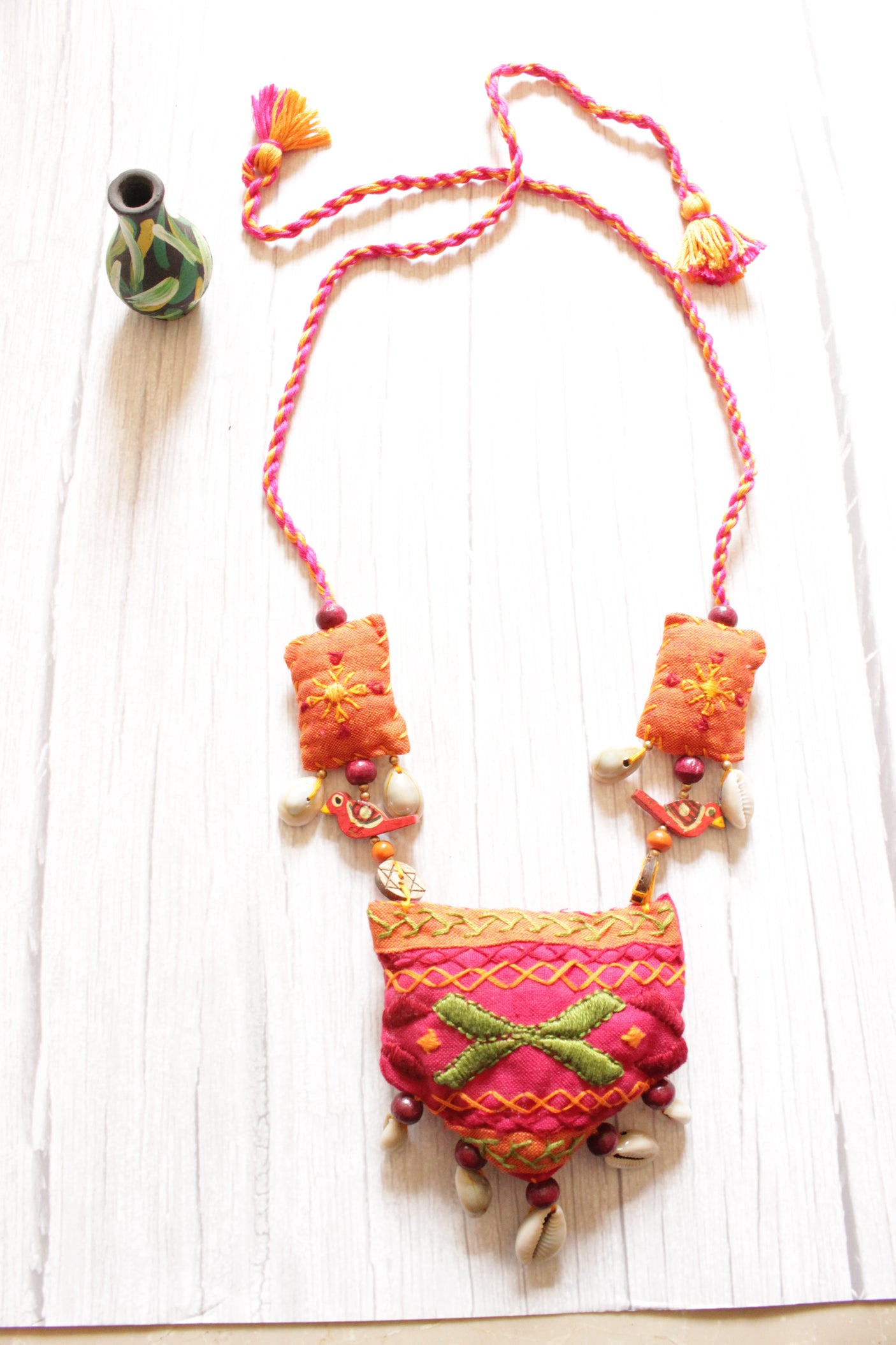 Pink and Orange Vibrant Handcrafted Necklace Accentuated with Shell Work