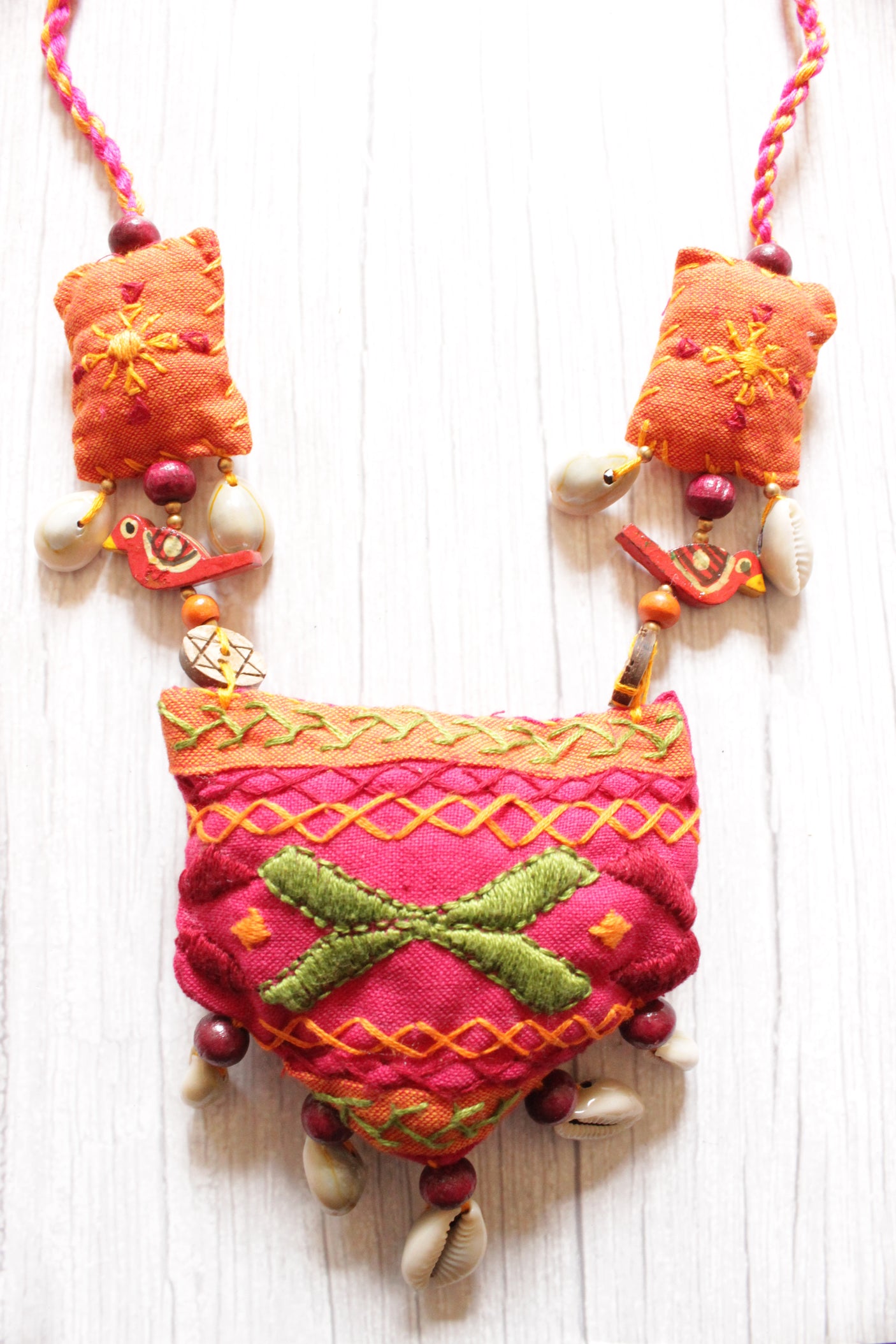 Pink and Orange Vibrant Handcrafted Necklace Accentuated with Shell Work