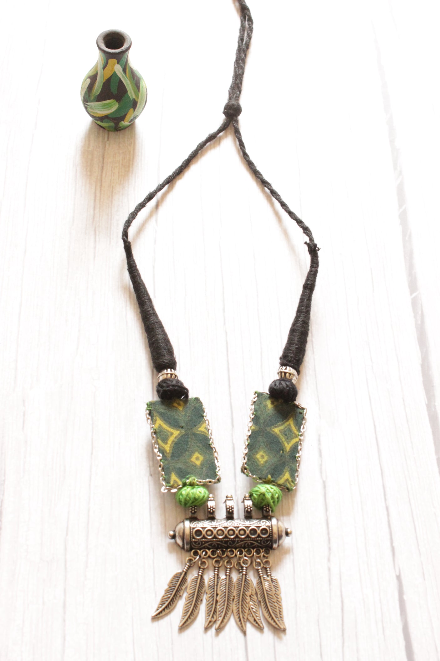 Adjustable Thread Closure Handcrafted Green Necklace with Oxidised Finish Pendant