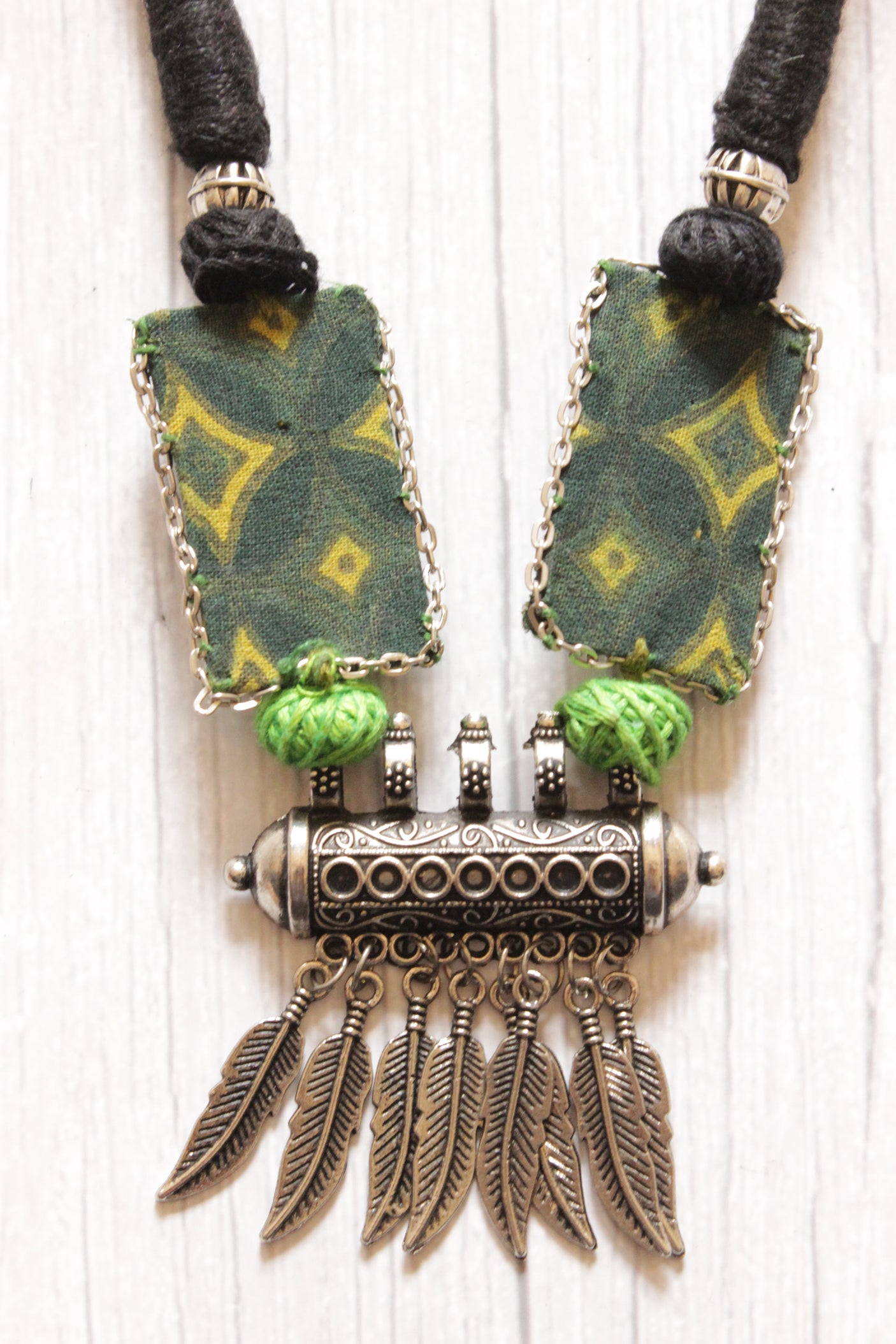 Adjustable Thread Closure Handcrafted Green Necklace with Oxidised Finish Pendant