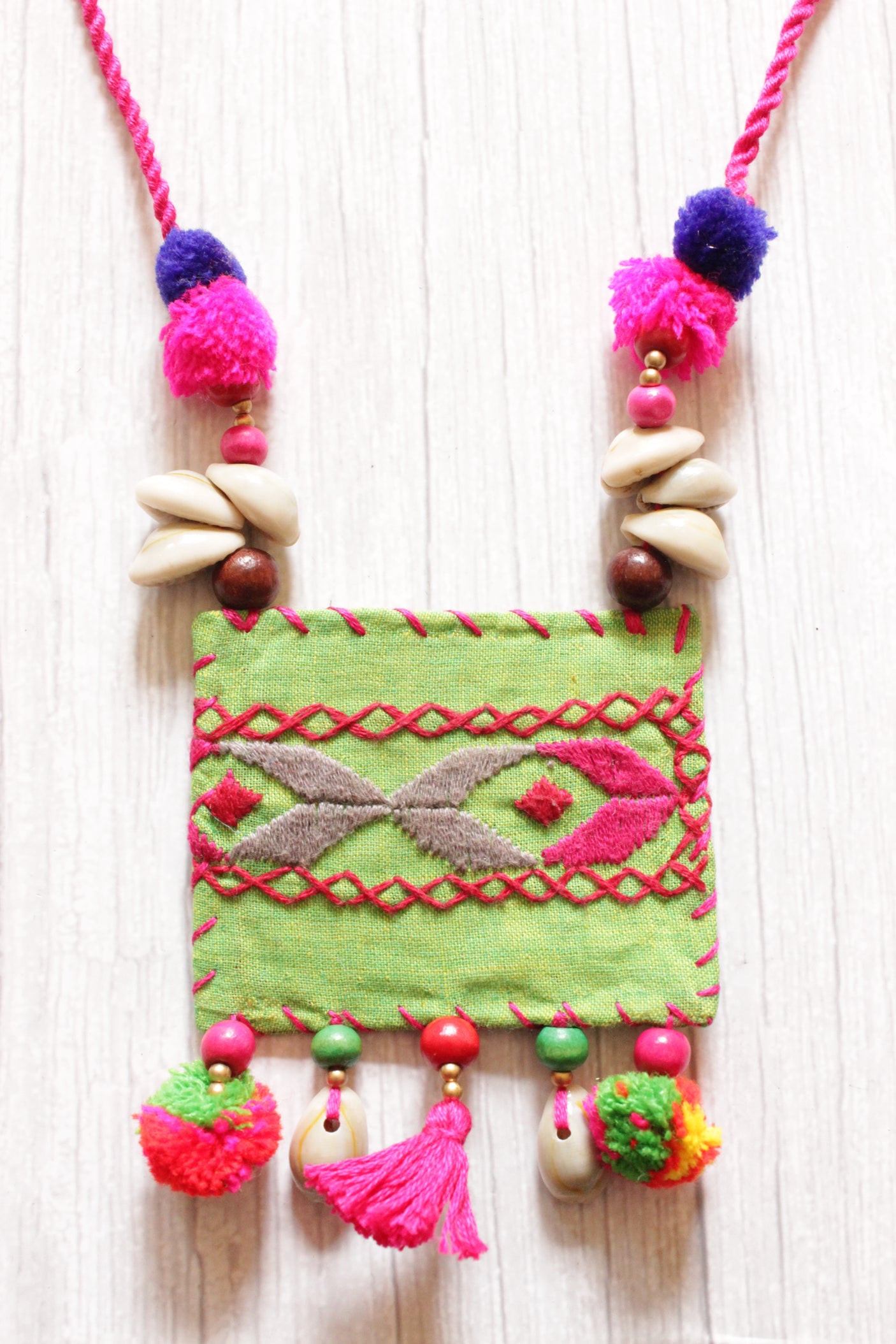 Vibrant Green and Pink Cross-Stitch Handcrafted Necklace Accentuated with Shells