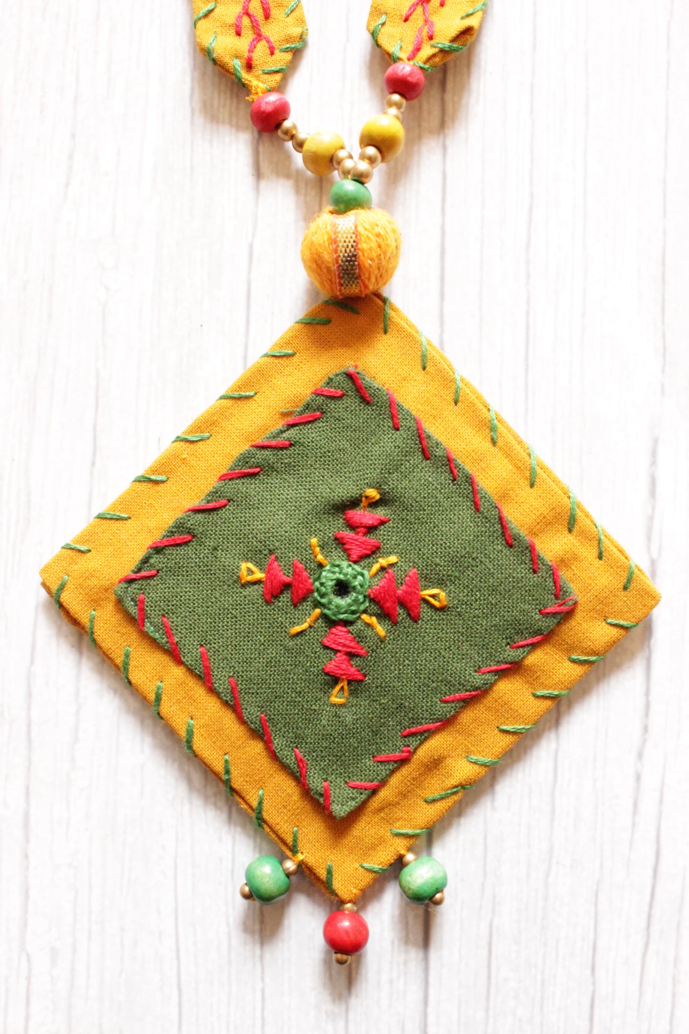 Earthy Yellow and Green Kantha Work Handcrafted Collar Necklace