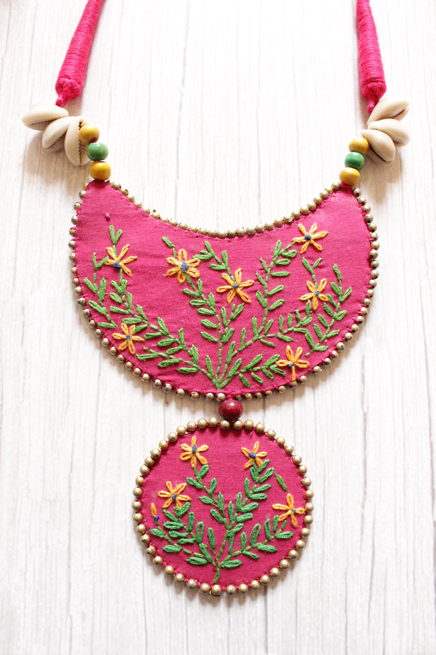 Cross-Stitch Flower and Leaf Motifs Handcrafted Statement Fabric Necklace