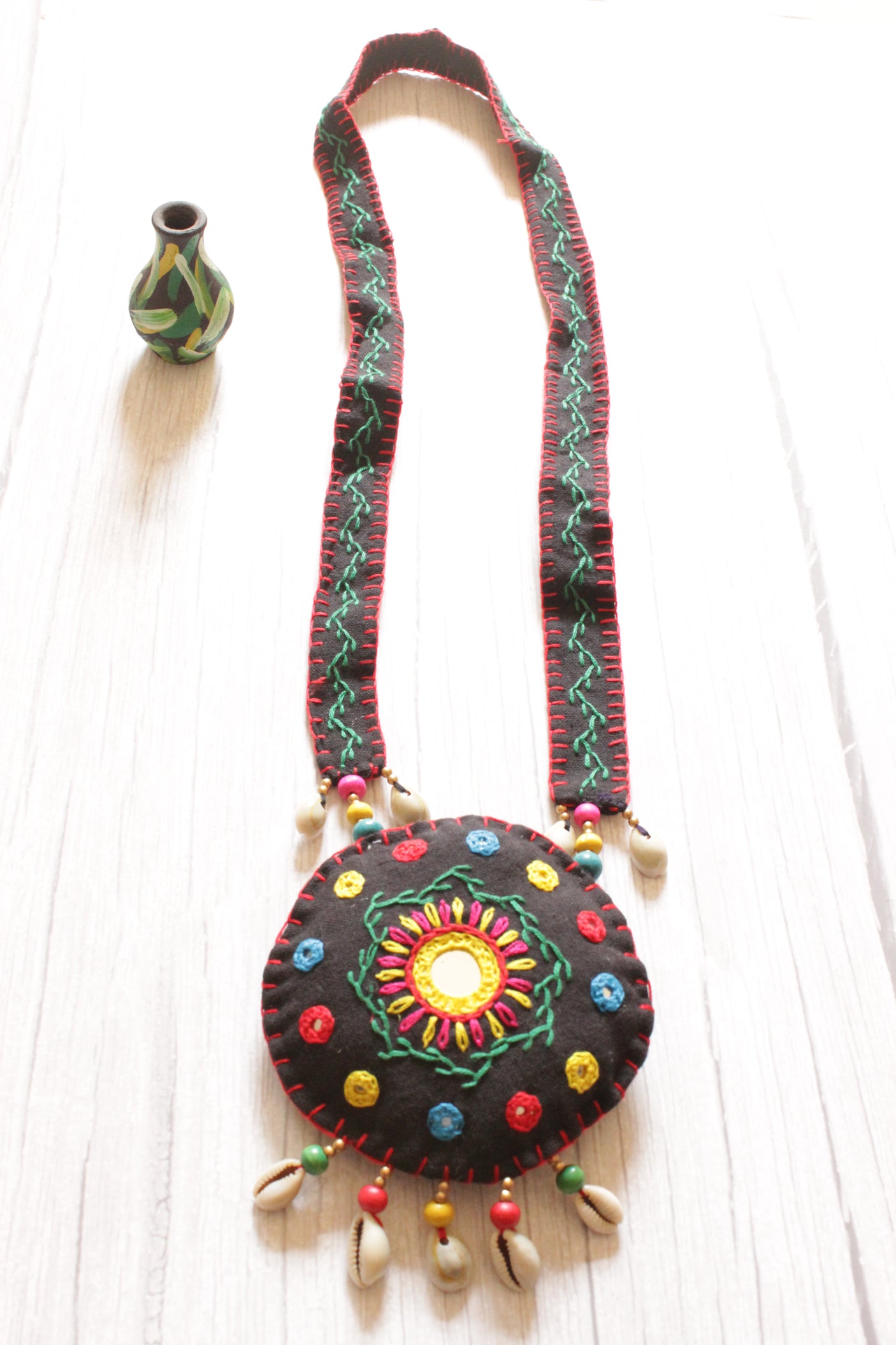 Black and Multi-Color Fabric Cross-Stitched Handcrafted Tribal Collar Necklace