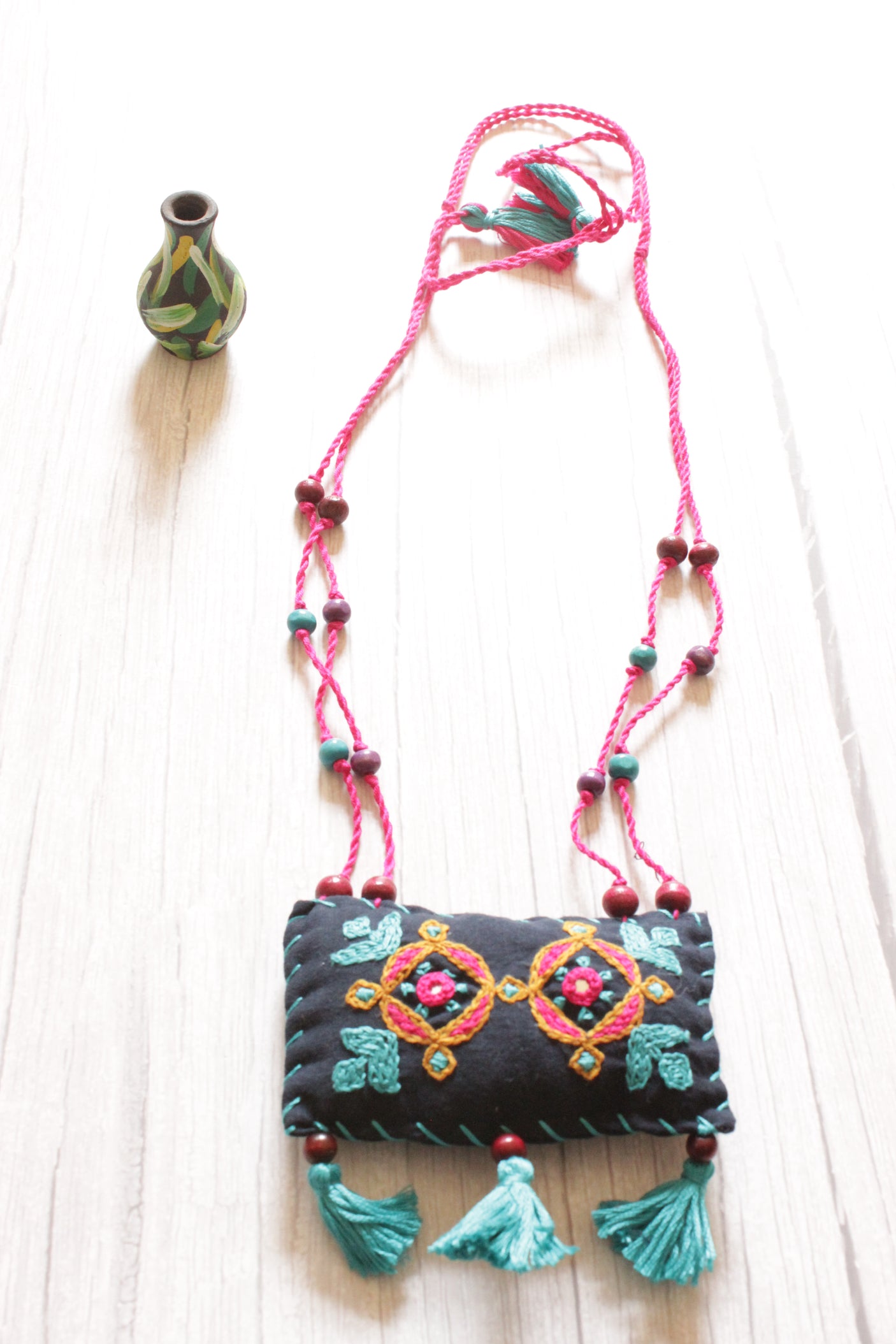 Black and Multi-Color Cross-Stitch Handcrafted Rope Closure Handcrafted Fabric Necklace