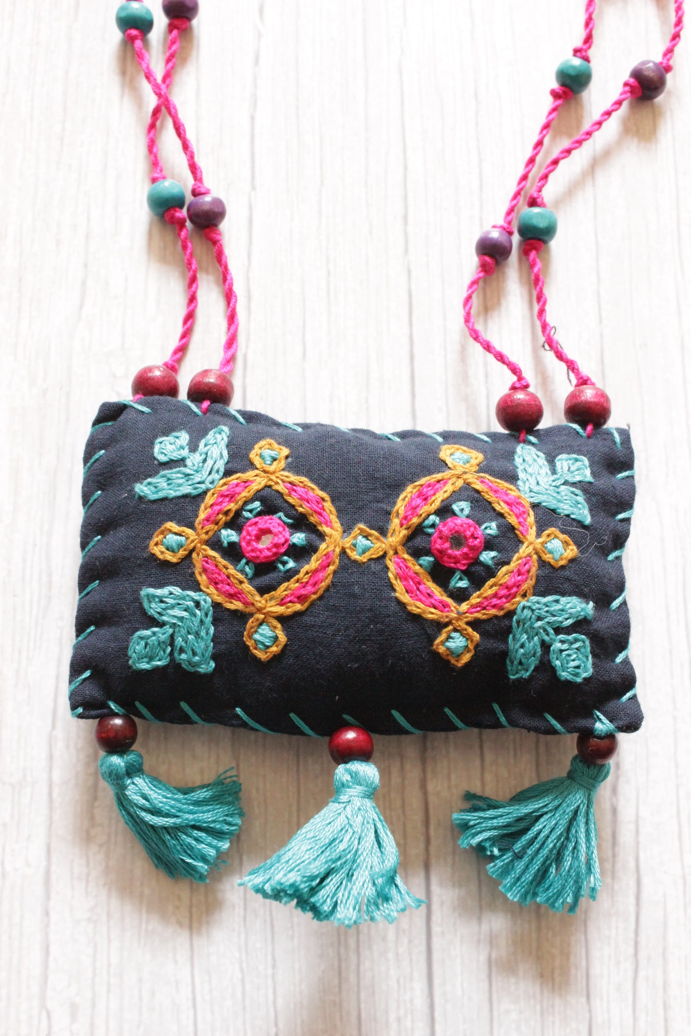 Black and Multi-Color Cross-Stitch Handcrafted Rope Closure Handcrafted Fabric Necklace
