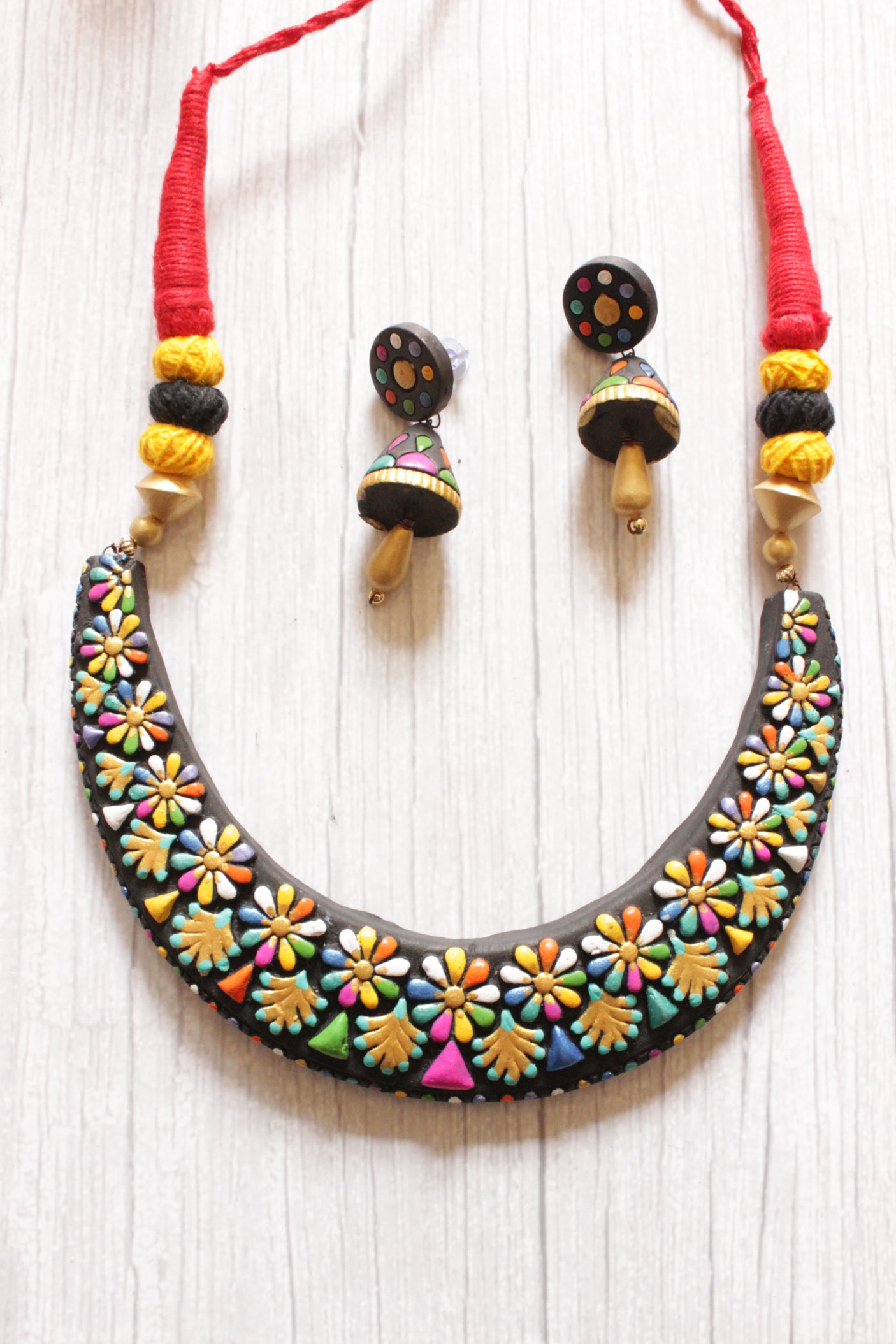 Black and Multi-Color Hand-Painted Flower Motifs Terracotta Clay Adjustable Length Choker Necklace Set
