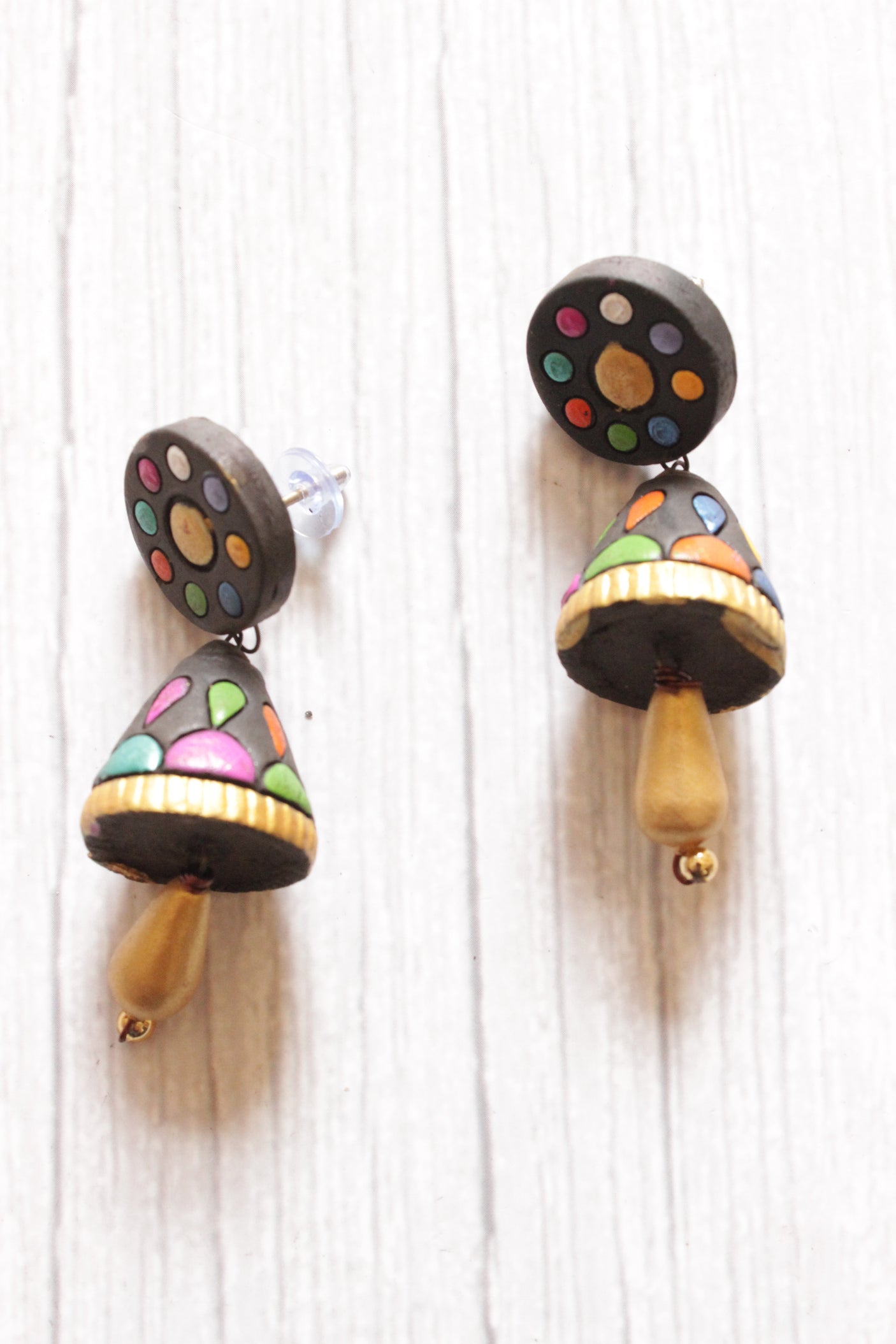 Black and Multi-Color Hand-Painted Flower Motifs Terracotta Clay Adjustable Length Choker Necklace Set