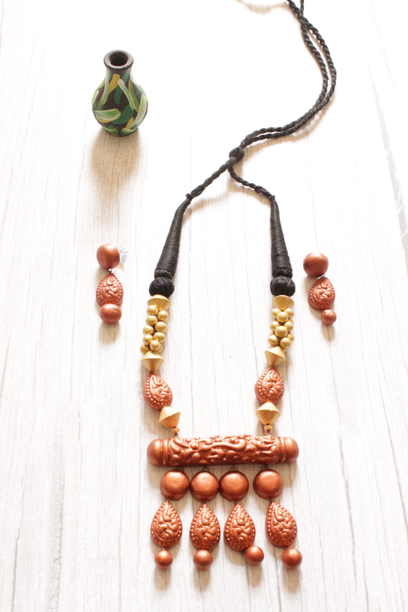 Rose Gold Handcrafted Terracotta Clay Adjustable Length Necklace Set